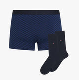 Tommy Hilfiger TRUNK PRINT & SOCK SET GOLD Mens Multicoloured front view showing navy trunk and matching socks.
