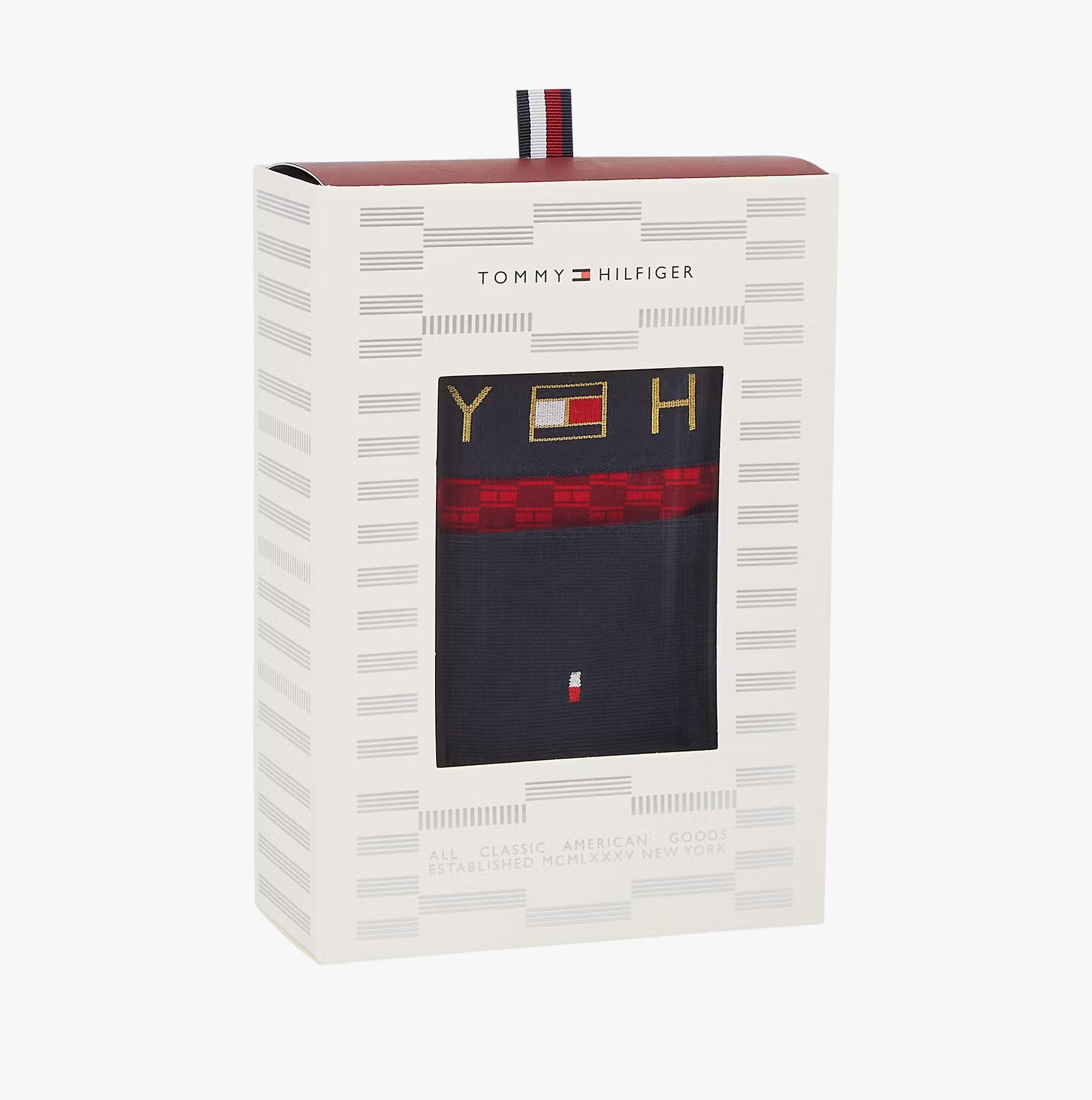 Tommy Hilfiger TRUNK PRINT & SOCK SET GOLD Mens Multicoloured gift boxed front view with distinctive logo and design.