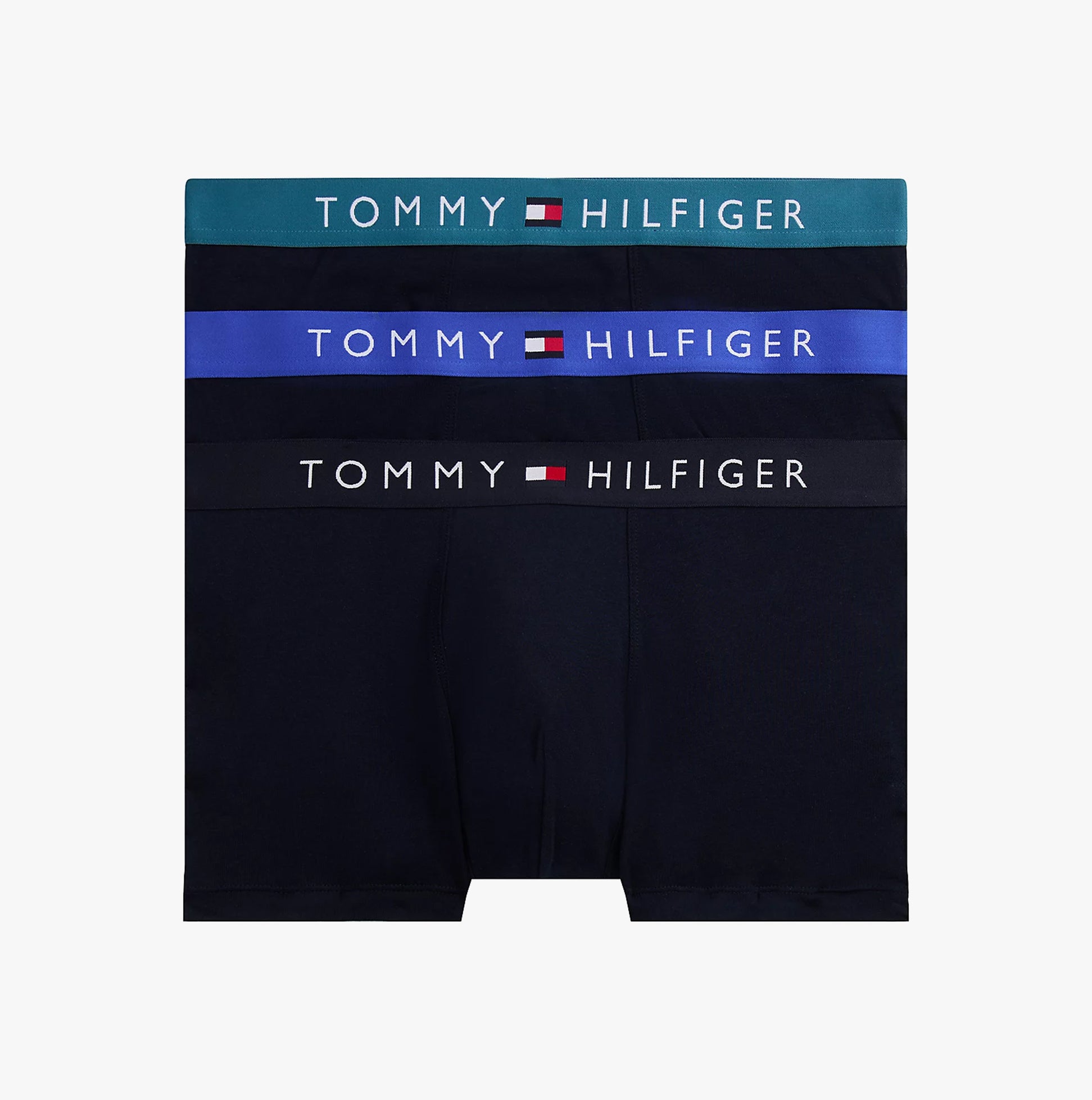 Tommy Hilfiger Mens 3 Pack Logo Waistband Trunks Navy front view featuring logo waistbands in green, blue, and black.