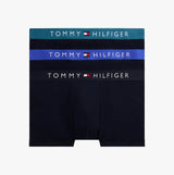 Tommy Hilfiger Mens 3 Pack Logo Waistband Trunks Navy front view featuring logo waistbands in green, blue, and black.