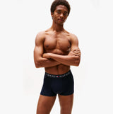 Tommy Hilfiger Mens 3 Pack Logo Waistband Trunks Navy side view with model, showcasing logo waistband and fit.