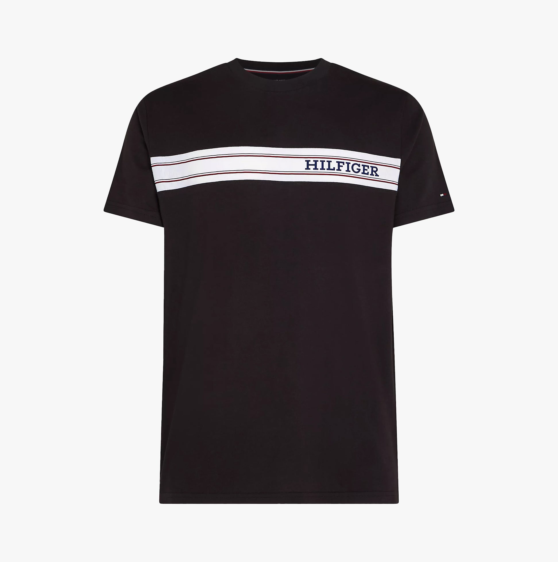 Tommy Hilfiger TEE Mens Black front view featuring white and red striped detailing.