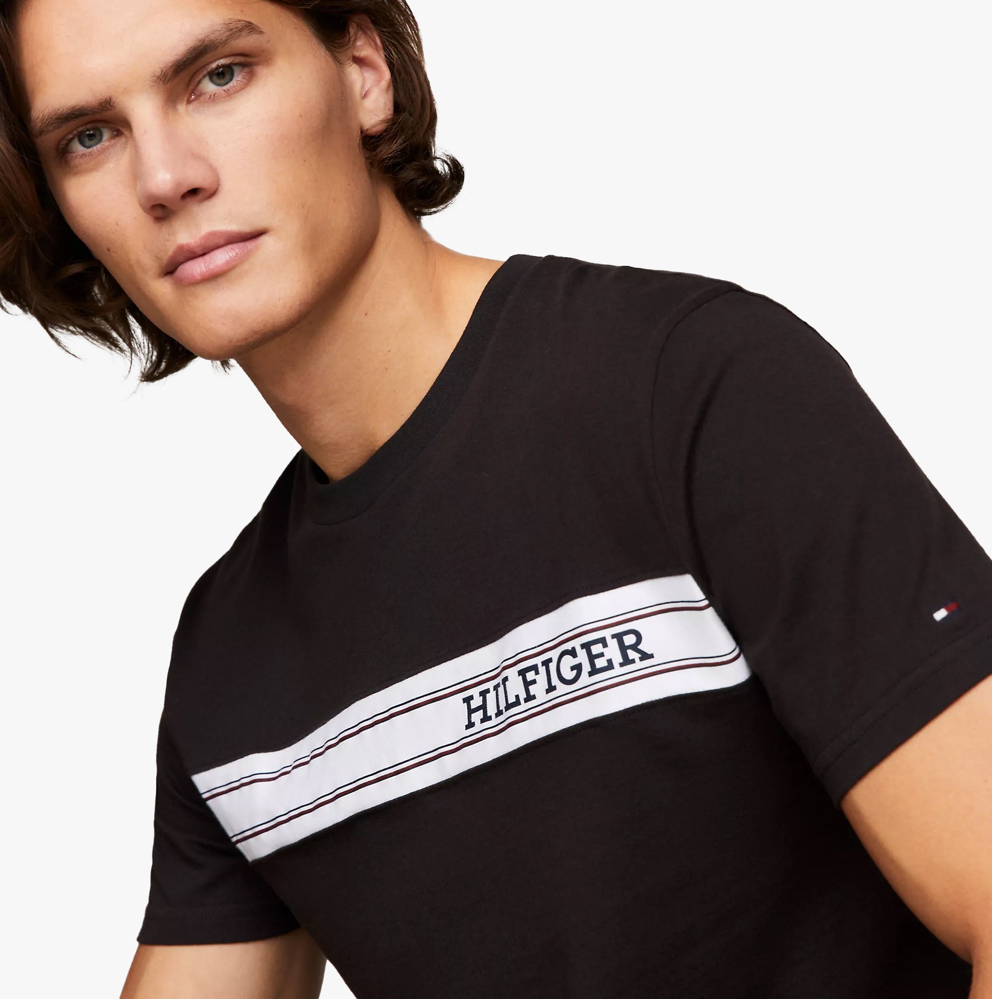 Tommy Hilfiger TEE Mens Black short sleeve t-shirt front view with logo detail.