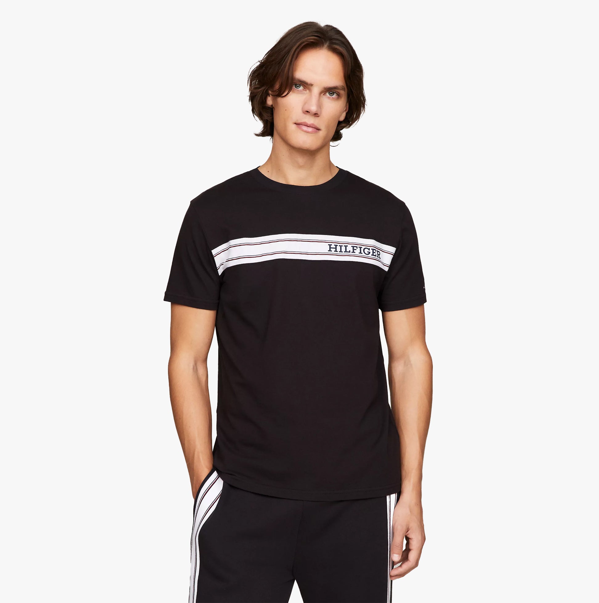 Tommy Hilfiger TEE Mens Black front view, short sleeve cotton t-shirt with logo detail.