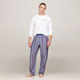 Tommy Hilfiger MONOTYPE Mens Pyjama Set White/Monotype Stripes Indigo front view 100% cotton long sleeve and elasticated waistband trousers.
