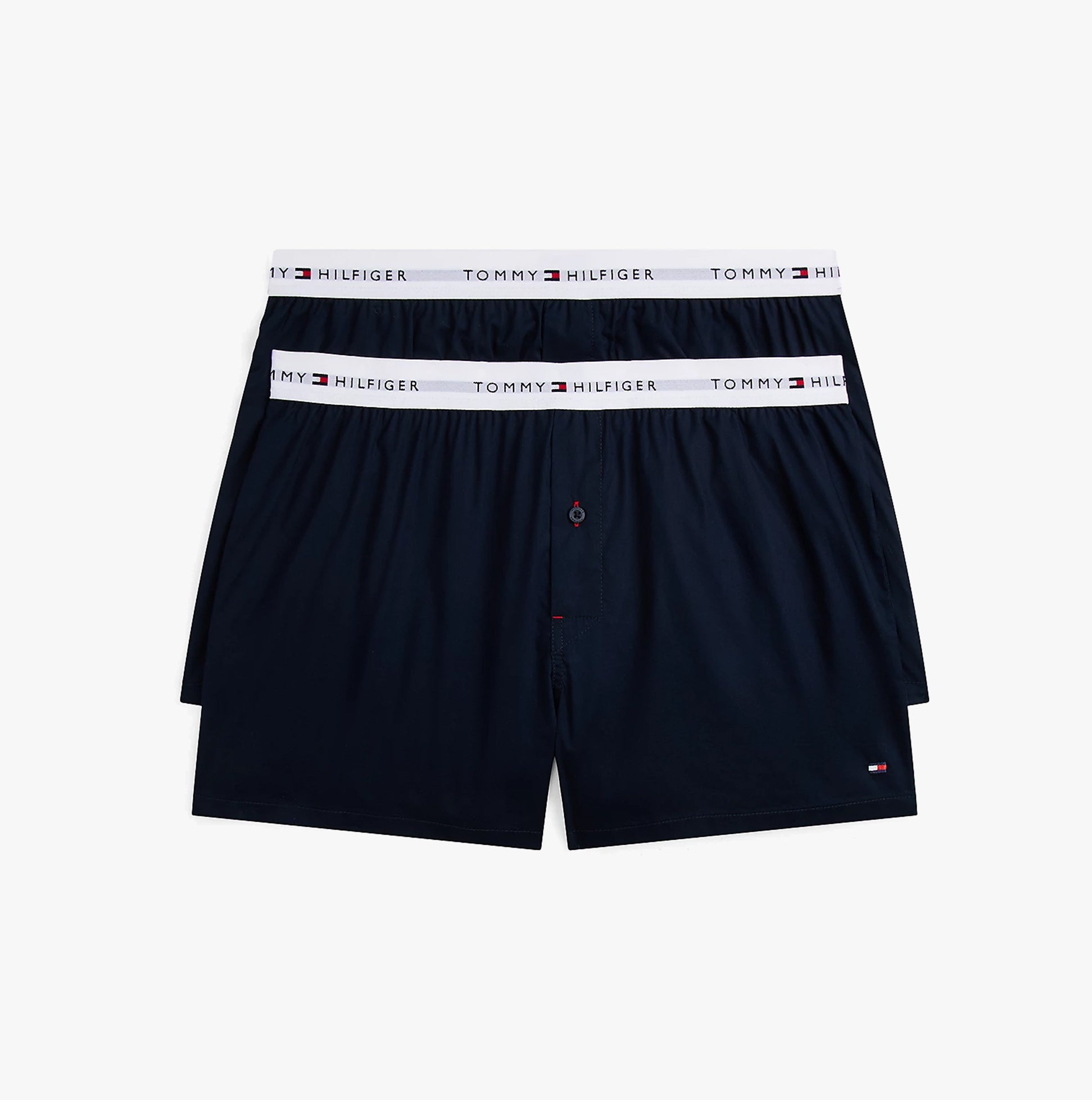 Tommy Hilfiger Mens 2 Pack Signature Logo Woven Boxer Shorts Navy front view showing two pairs with logo waistband.
