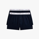 Tommy Hilfiger Mens 2 Pack Signature Logo Woven Boxer Shorts Navy front view showing two pairs with logo waistband.