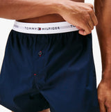 Tommy Hilfiger Mens 2 Pack Signature Logo Woven Boxer Shorts Navy front view showing waistband and button detail