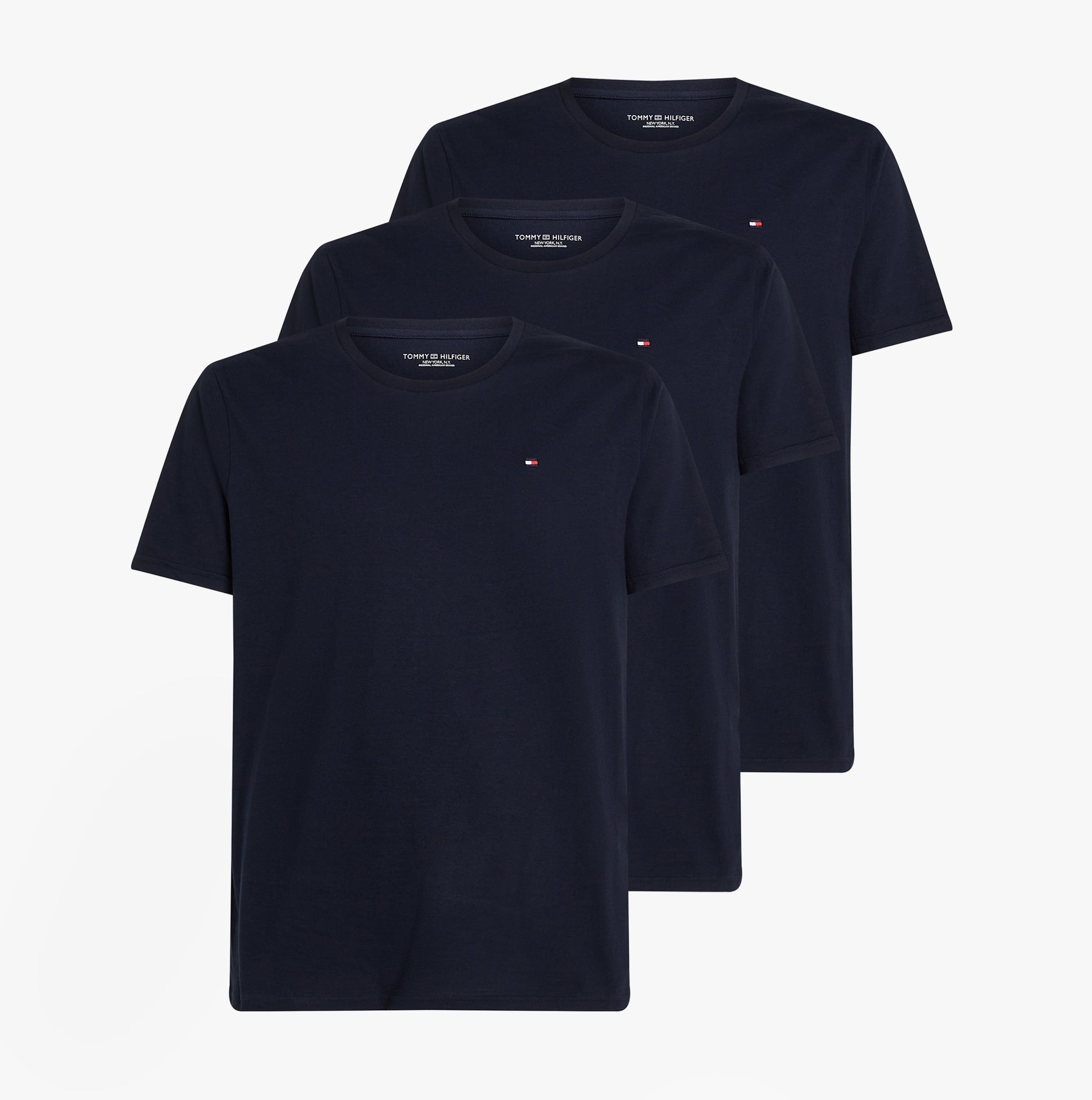Tommy Hilfiger PURE COTTON 3 Pack Mens T-Shirts Desert Sky front view showcasing three short sleeve t-shirts.