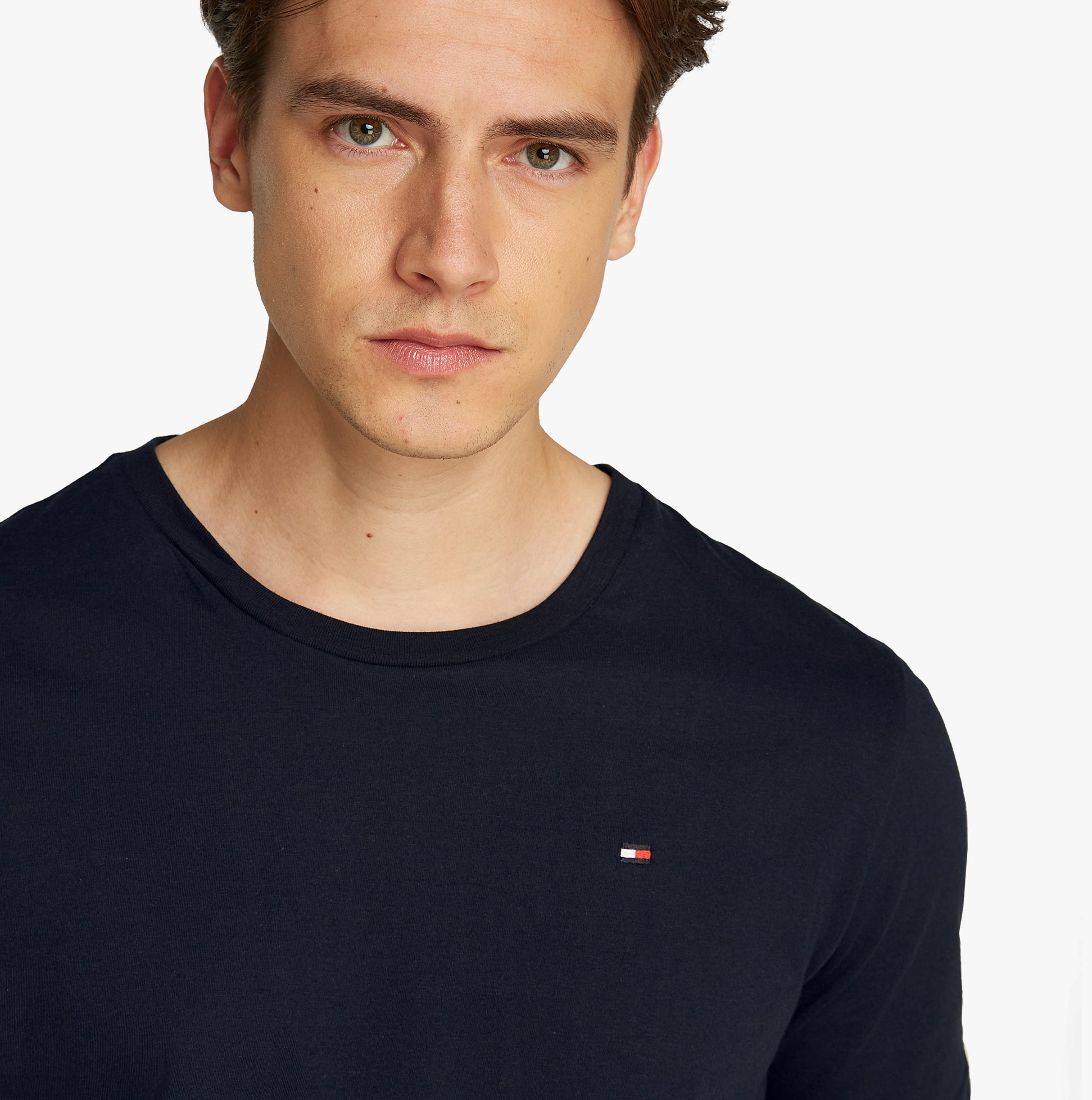 Tommy Hilfiger PURE COTTON 3 Pack Mens T-Shirts Desert Sky front view featuring crew neckline and TH embroidery.