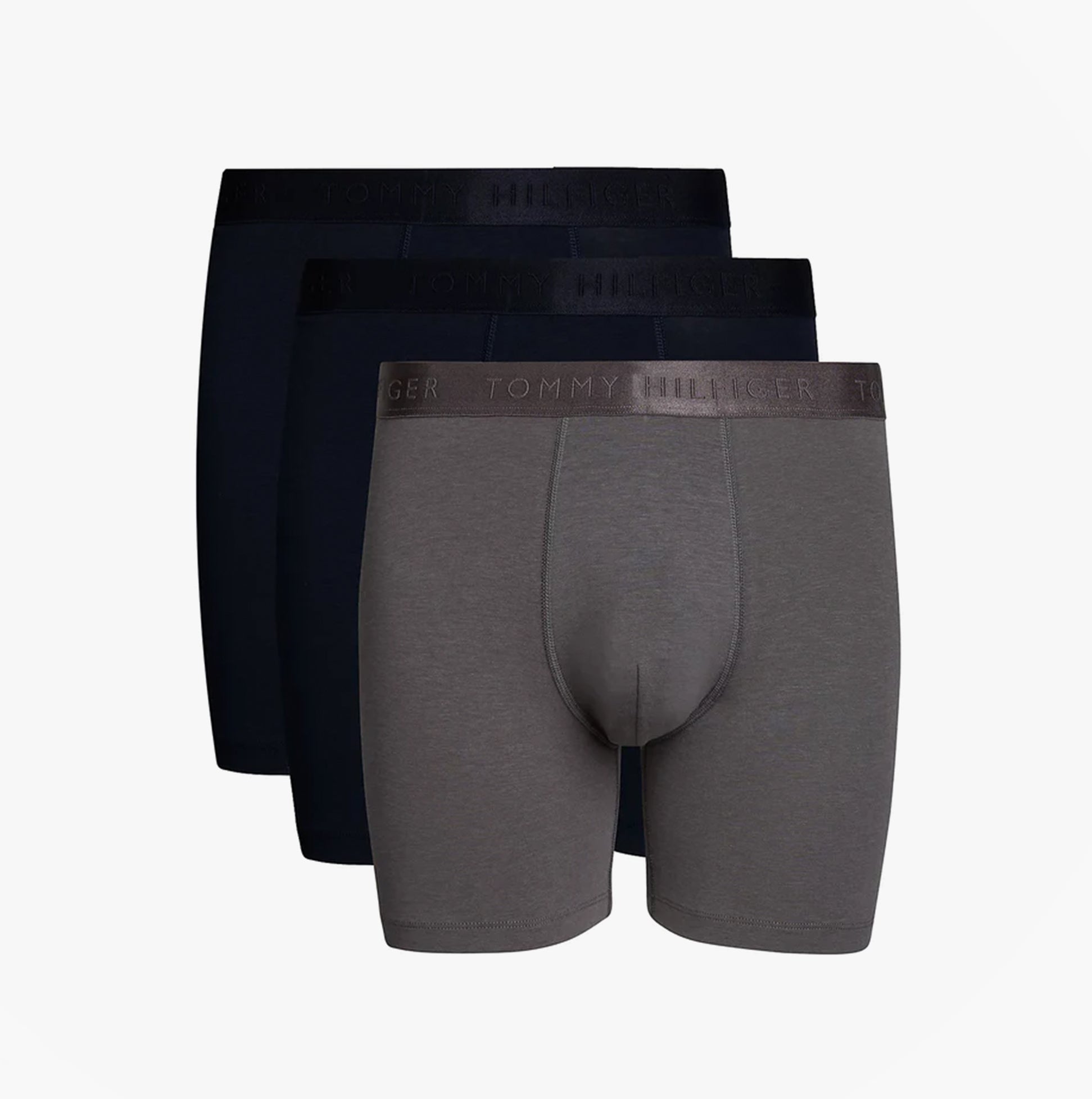 Tommy Hilfiger EVERYDAY LUXE Mens 3 -Pack Boxer Briefs Multicoloured front view showing three pairs in grey and navy.