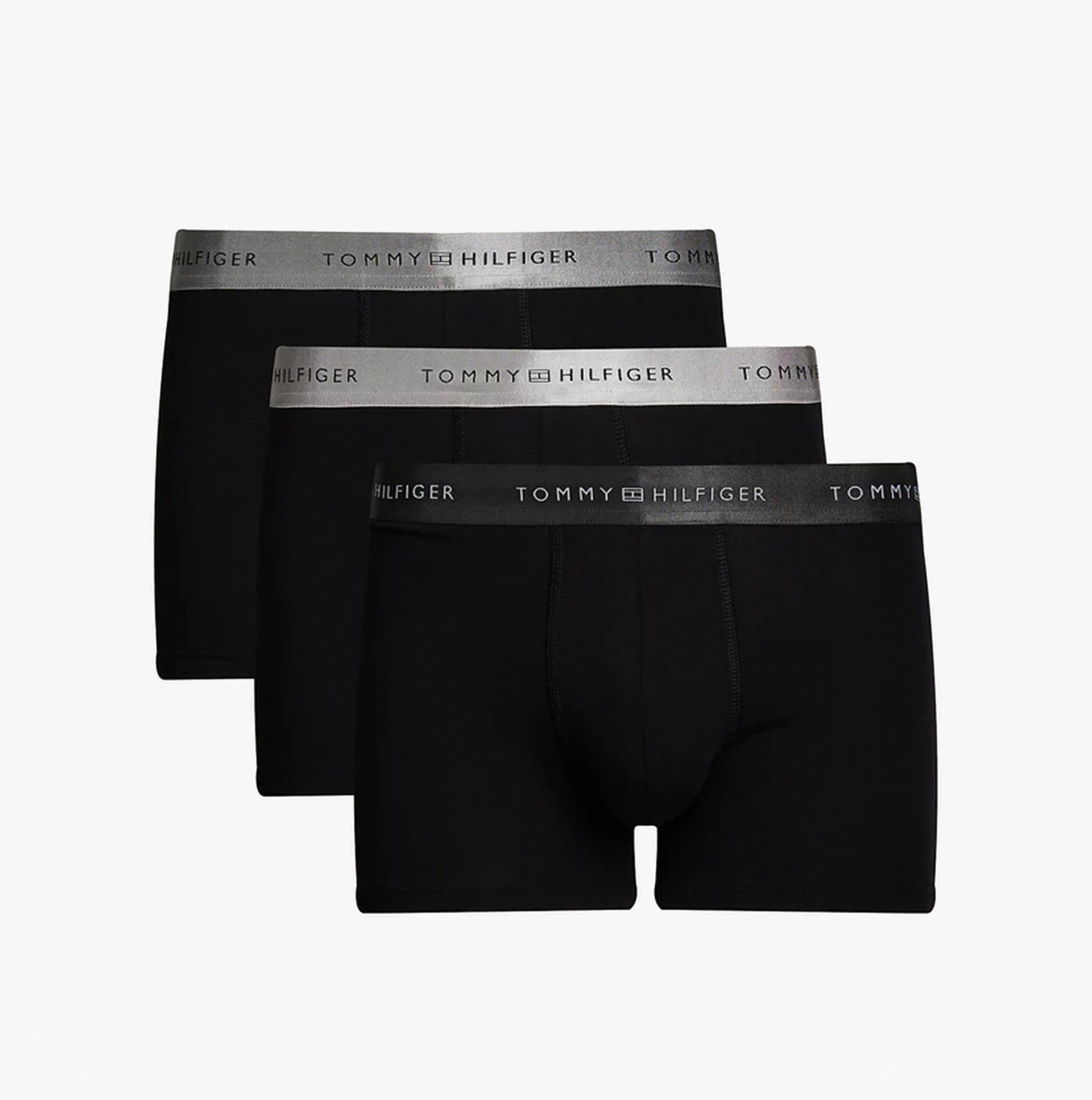 Tommy Hilfiger SIGNATURE COTTON Mens 3 Pack Trunks Black, front view showing three black trunks with elasticated waistbands.