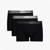 Tommy Hilfiger SIGNATURE COTTON Mens 3 Pack Trunks Black, front view showing three black trunks with elasticated waistbands.
