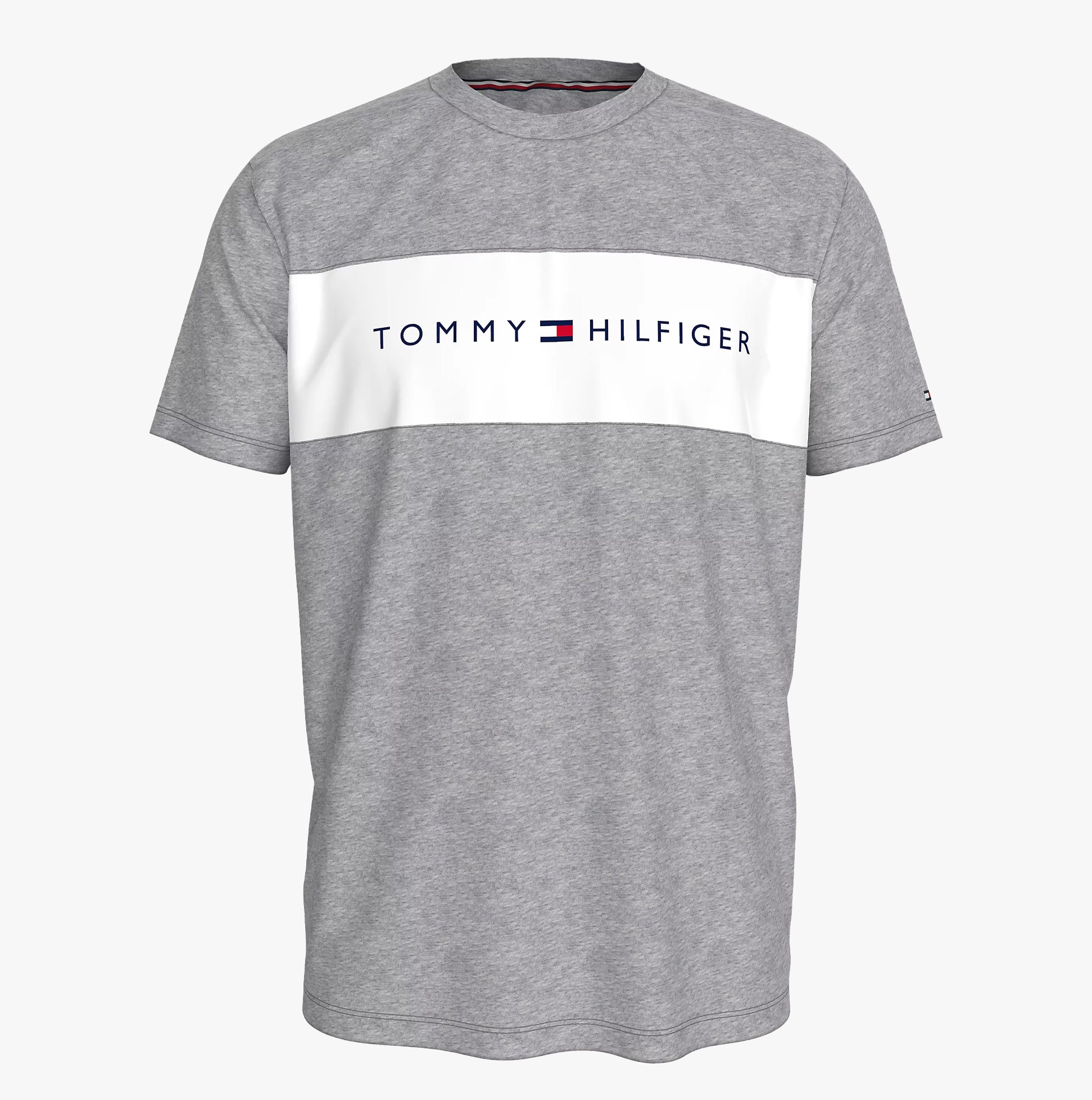 Tommy Hilfiger T-SHIRT BLO LOG Mens Light Grey Heather front view featuring crew neck and colour-blocked panel.