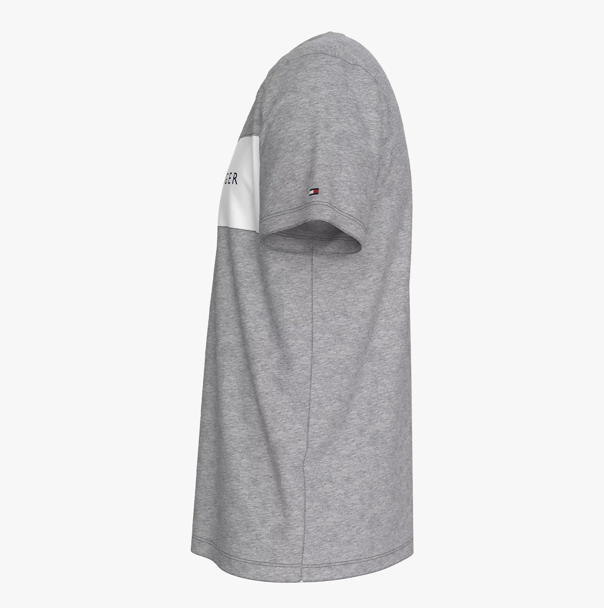Tommy Hilfiger T-SHIRT BLO LOG Mens Light Grey Heather side view showcasing crew neck and colour-blocked panel.