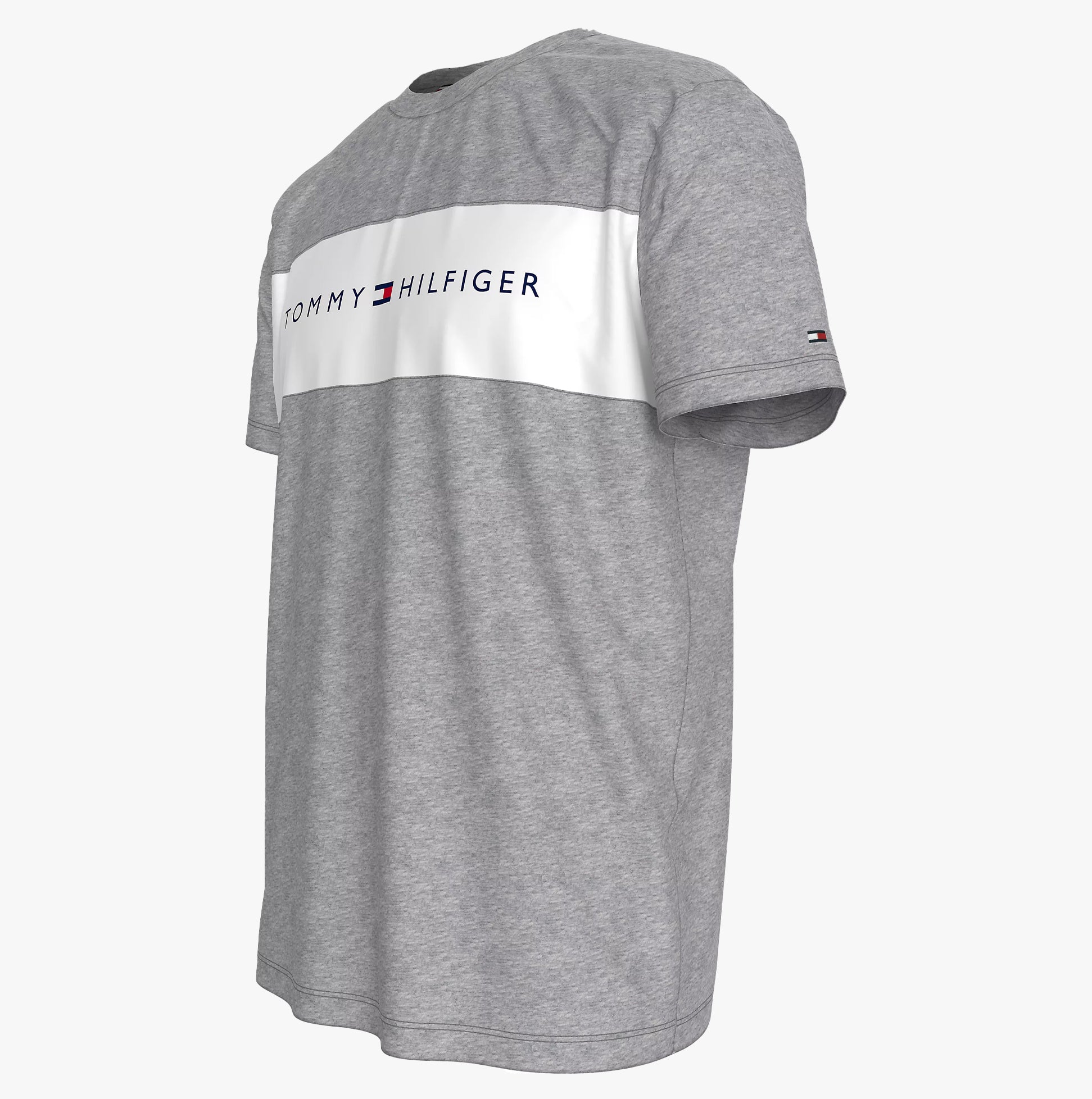 Tommy Hilfiger T-SHIRT BLO LOG Mens Light Grey Heather side view showcasing crew neck and colour-blocked panel design.