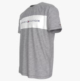 Tommy Hilfiger T-SHIRT BLO LOG Mens Light Grey Heather side view showcasing crew neck and colour-blocked panel design.