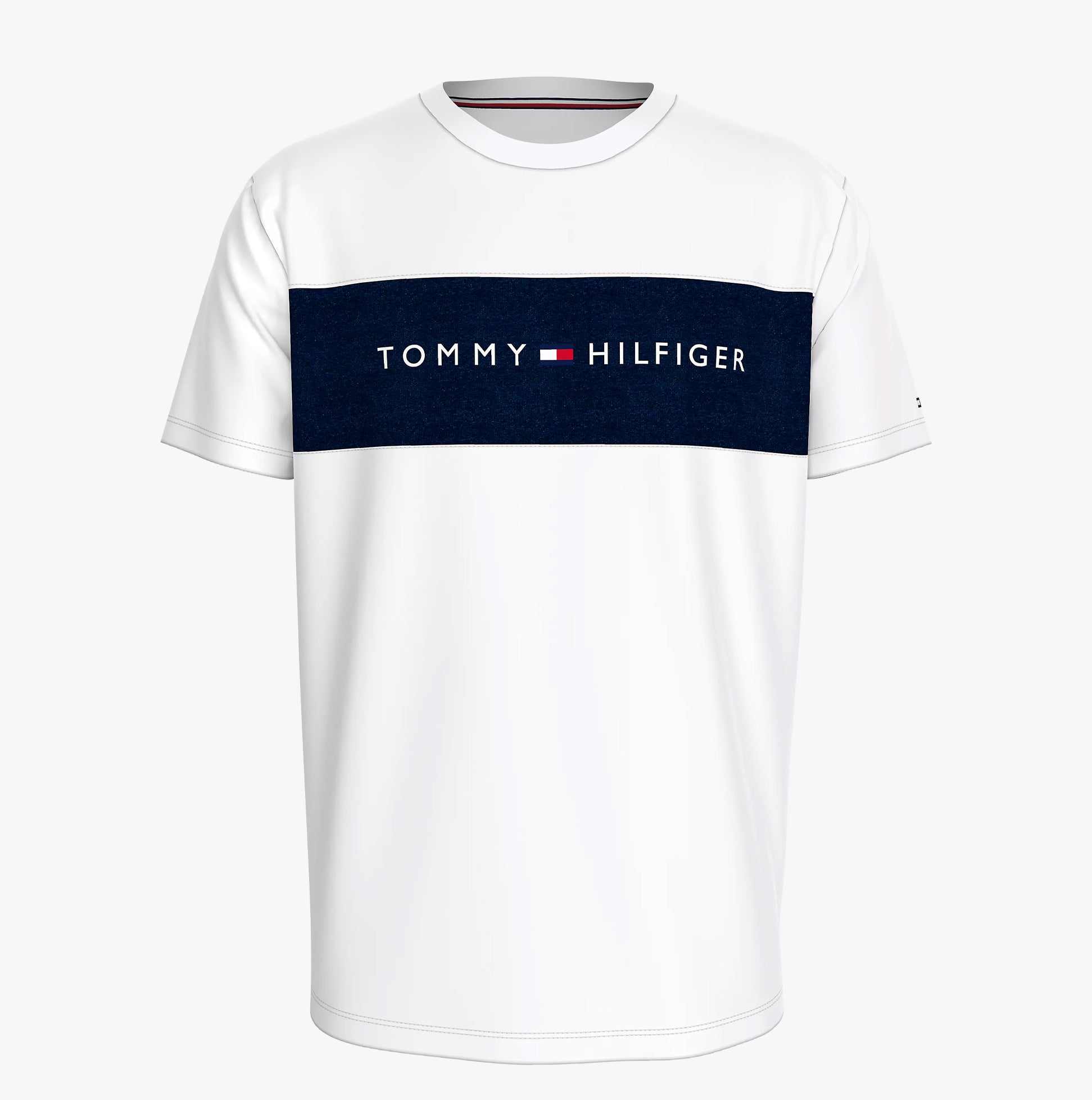 Tommy Hilfiger T-SHIRT BLO LOG Mens White front view showing navy colour-blocked panel and TH logo on chest.