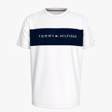 Tommy Hilfiger T-SHIRT BLO LOG Mens White front view showing navy colour-blocked panel and TH logo on chest.