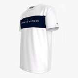 Tommy Hilfiger T-SHIRT BLO LOG Mens White side view showcasing crew neck and colour-blocked panel with TH logo.