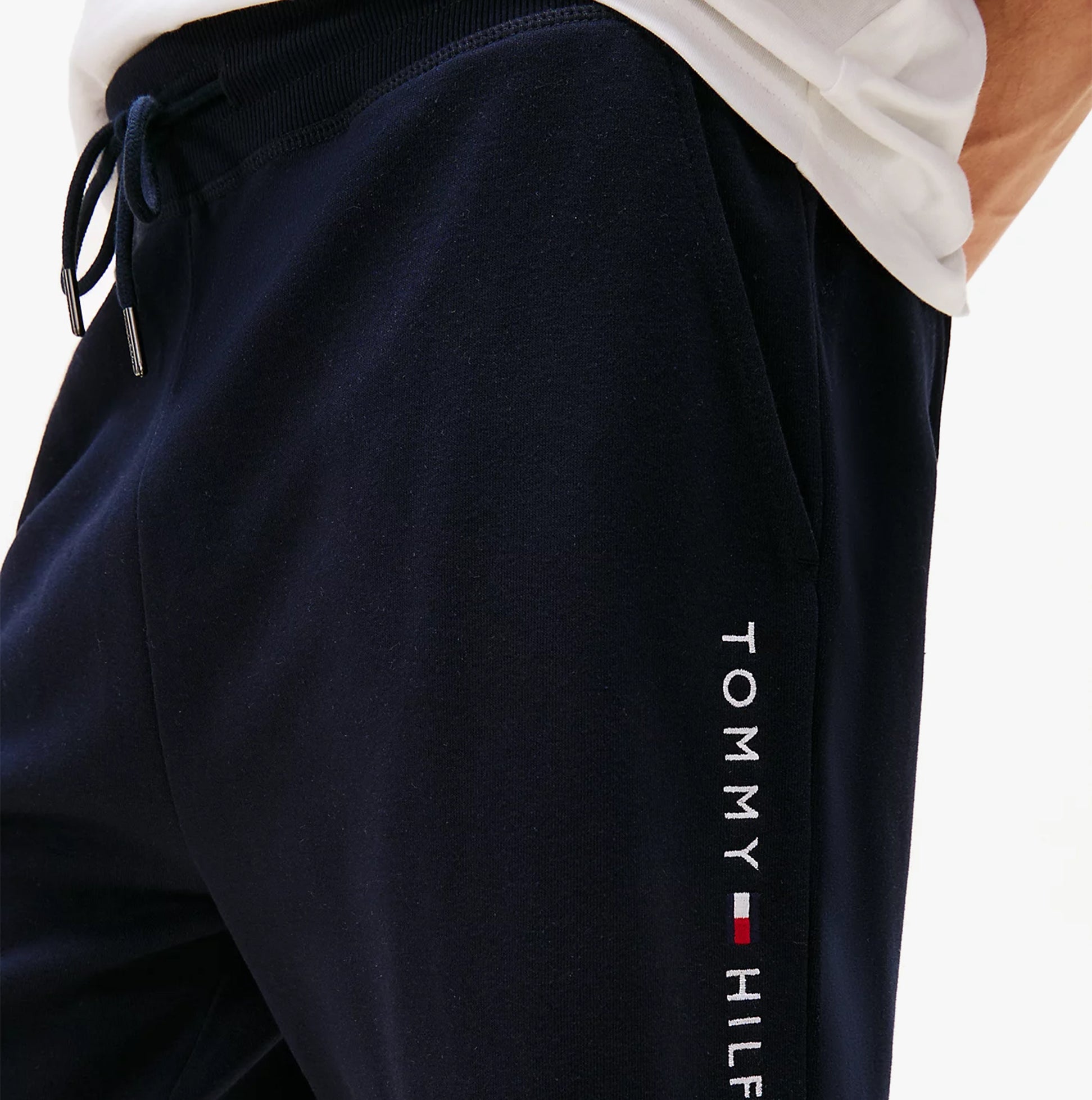 Tommy Hilfiger Mens TH Original Logo Terry Lounge Shorts Navy side view showing logo detail and relaxed fit on model