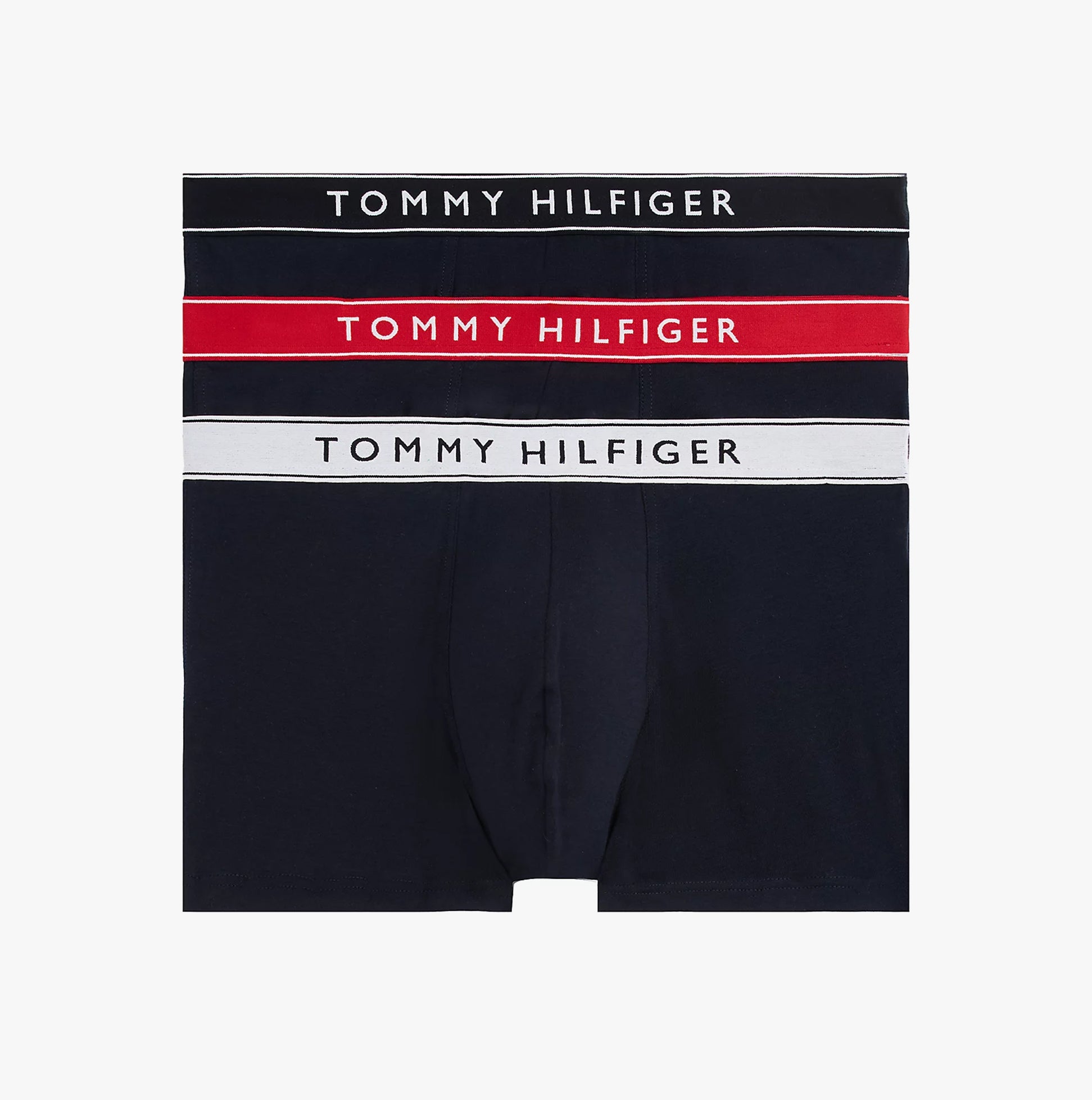 Tommy Hilfiger Mens 3 Pack Logo Waistband Trunks Navy front view showcasing elastic waistbands in navy, red, and white.