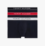 Tommy Hilfiger Mens 3 Pack Logo Waistband Trunks Navy front view showcasing elastic waistbands in navy, red, and white.
