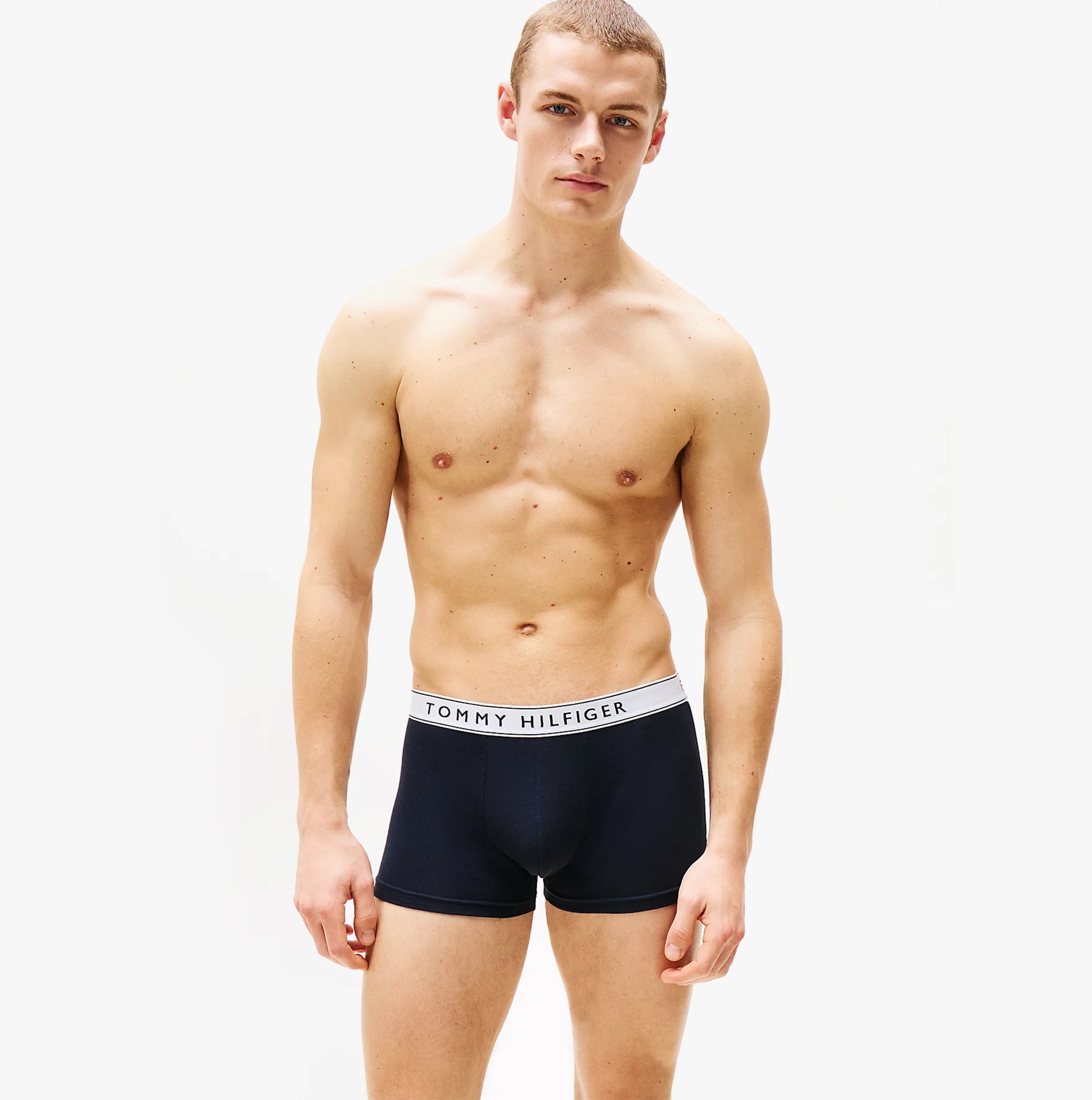 Tommy Hilfiger Mens 3 Pack Logo Waistband Trunks Navy front view on model showing logo waistband.