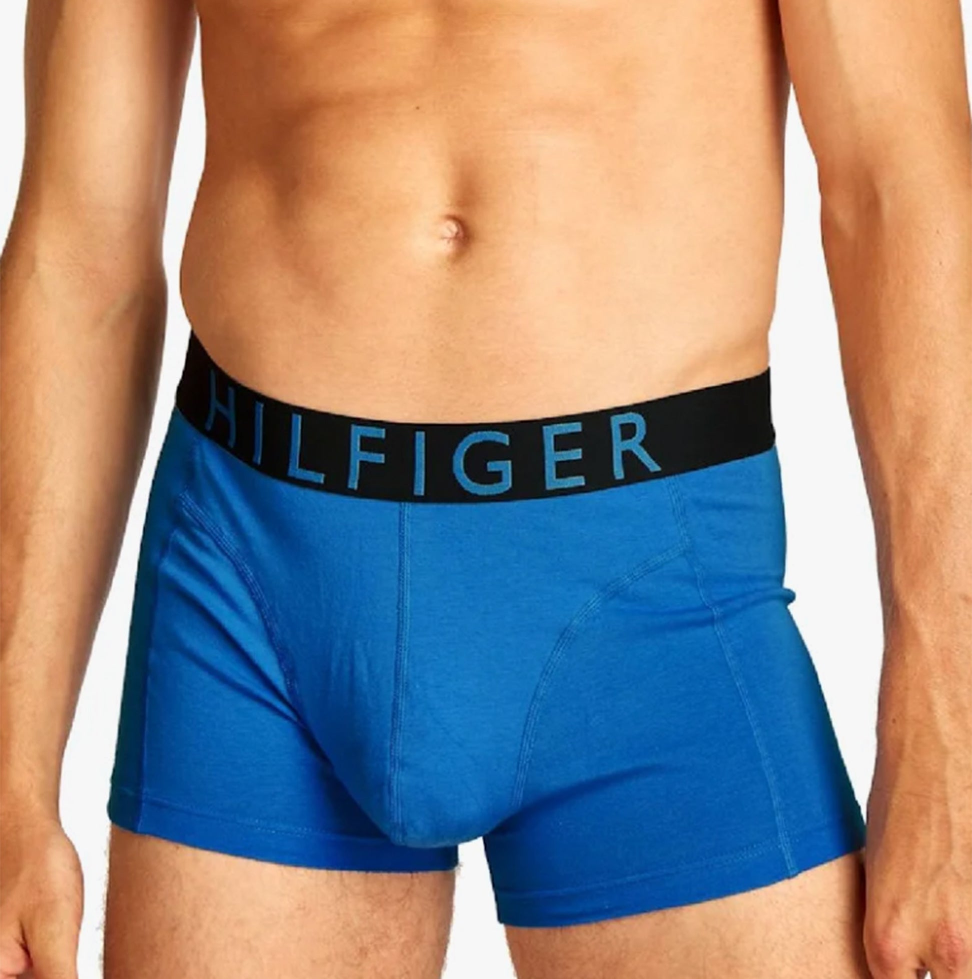 Tommy Hilfiger TRUNK 3 Pack Mens Trunk Multicoloured front view featuring blue stretch cotton trunk with logo waistband.