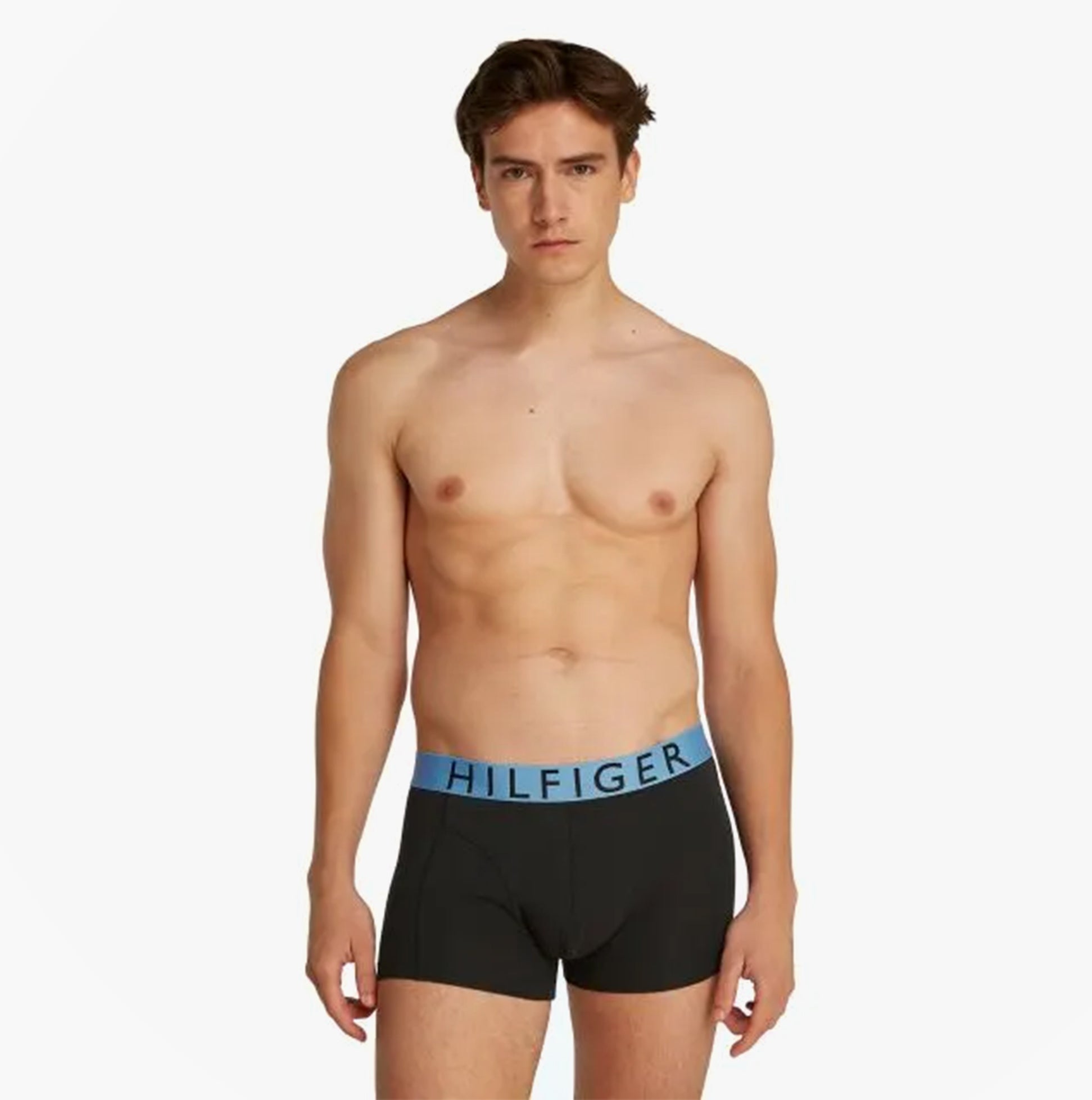 Tommy Hilfiger TRUNK 3 Pack Mens Trunk Multicoloured front view on model showing blue logo waistband.