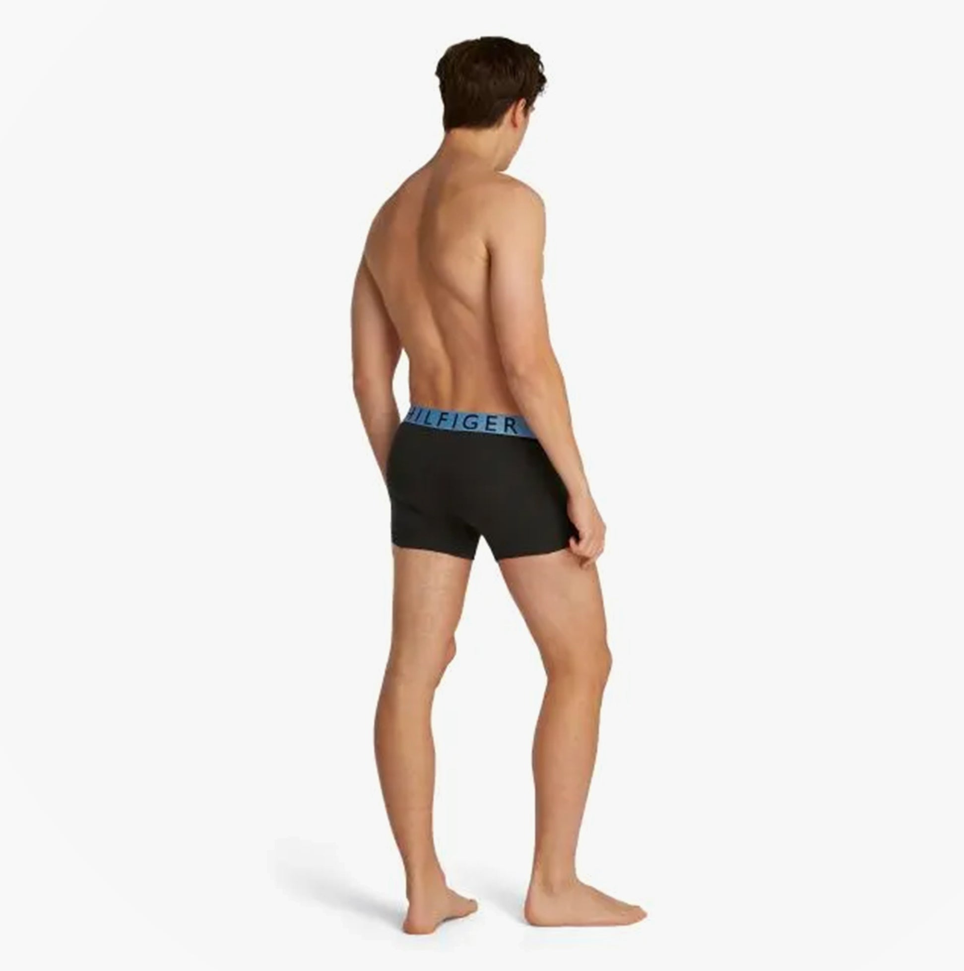 Tommy Hilfiger TRUNK 3 Pack Mens Trunk Multicoloured, back view showing black trunk with blue waistband.
