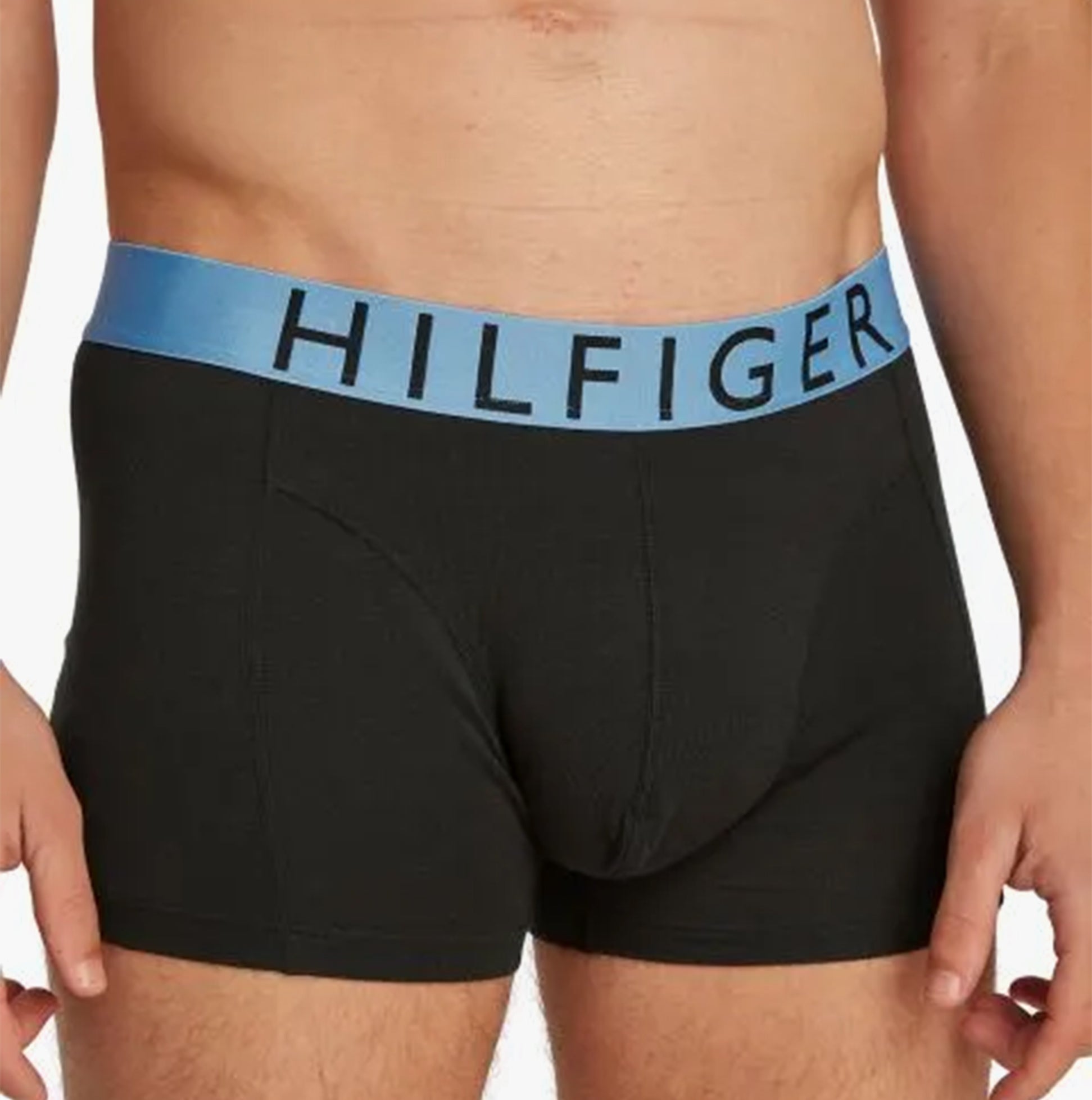 Tommy Hilfiger TRUNK 3 Pack Mens Trunk Multicoloured front view showing black trunk with blue waistband