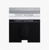 Tommy Hilfiger Mens 3 Pack Trunks Grey/Black/White front view showing three trunks in grey, white, and black.