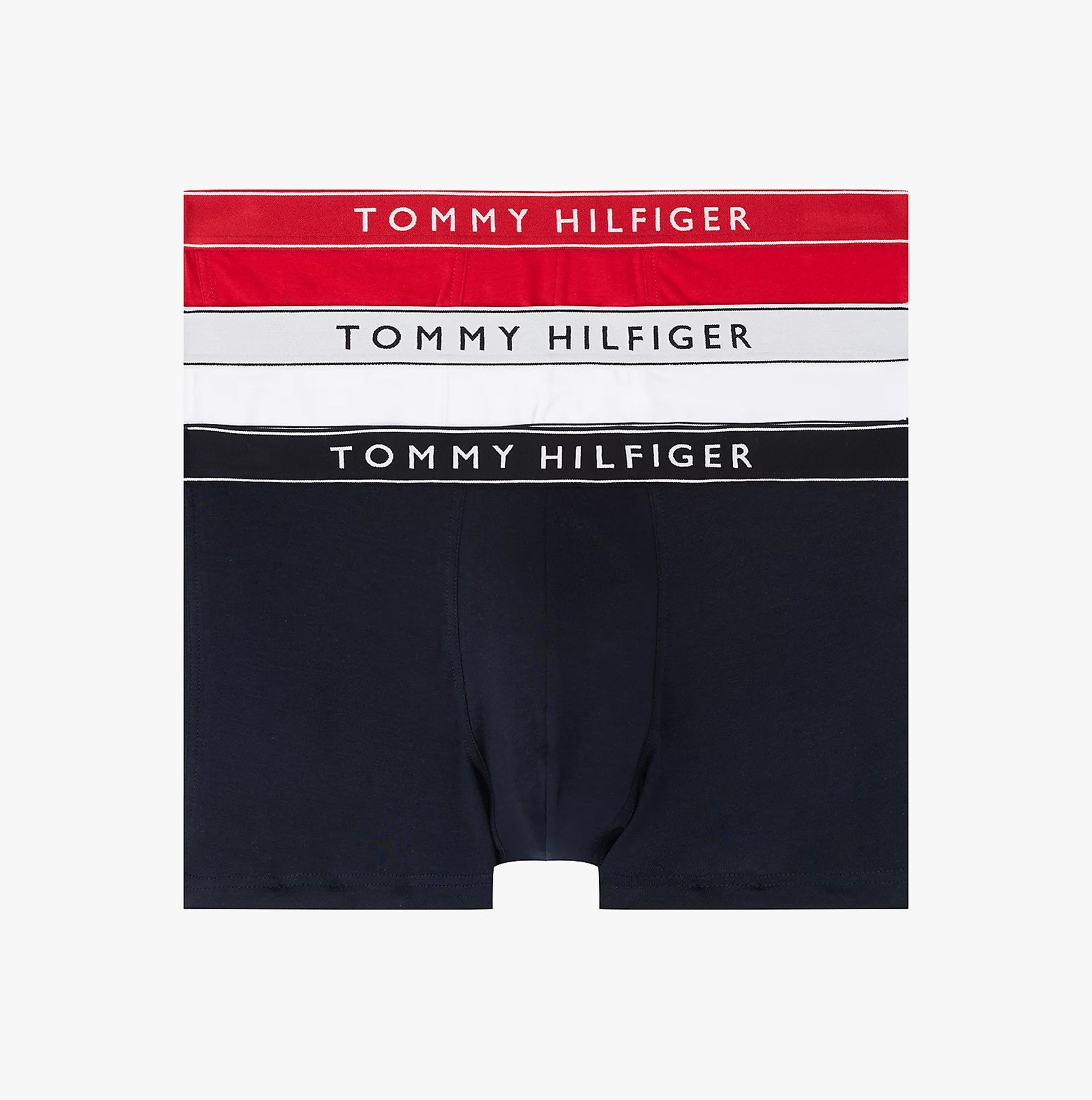 Tommy Hilfiger Mens 3 Pack Logo Waistband Trunks Multi, front view showcasing red, white, and black waistband colors.