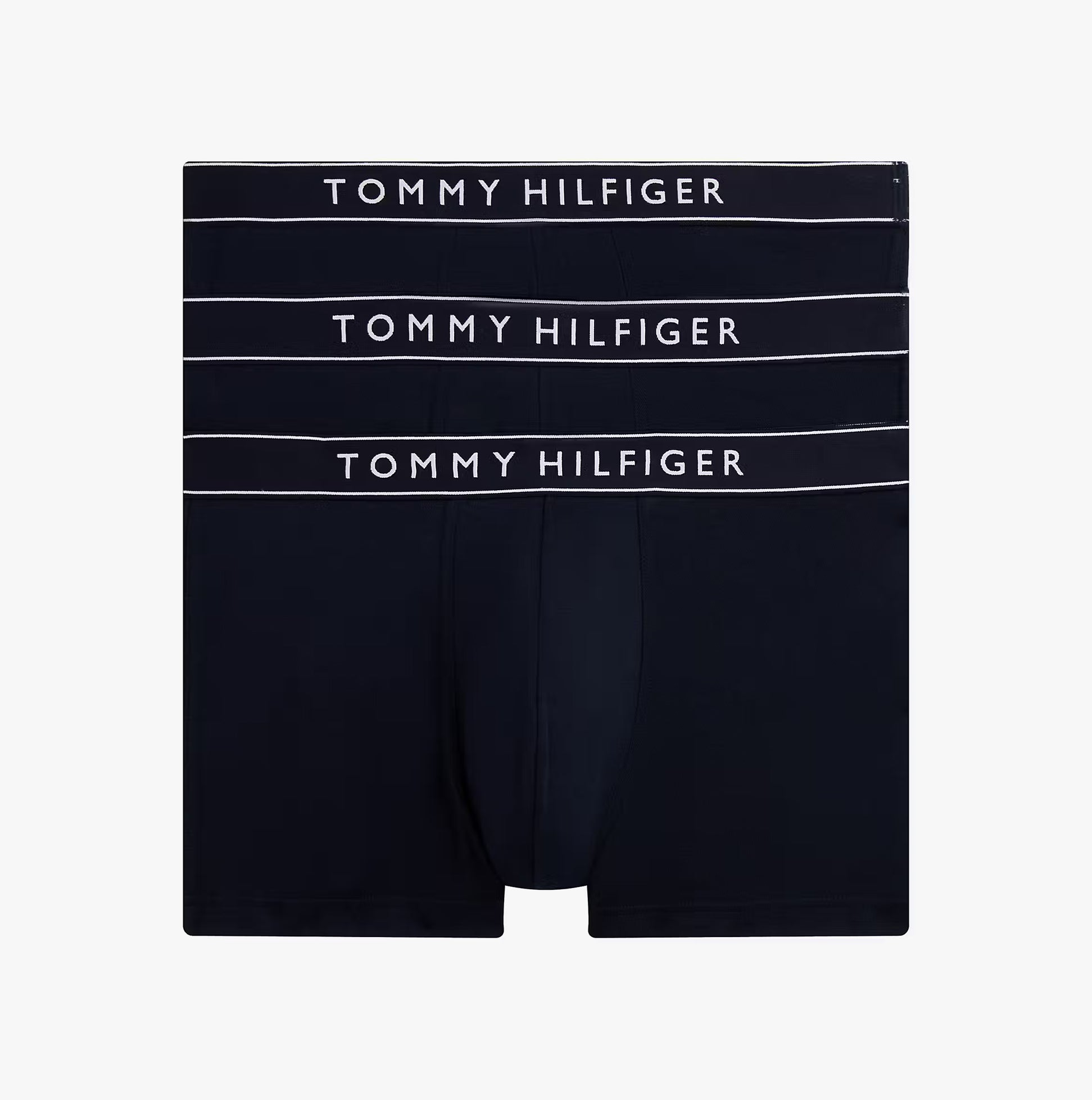 Tommy Hilfiger Mens 3 Pack Logo Waistband Trunks Multi front view featuring three navy trunks with logo waistband.