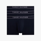 Tommy Hilfiger Mens 3 Pack Logo Waistband Trunks Multi front view featuring three navy trunks with logo waistband.