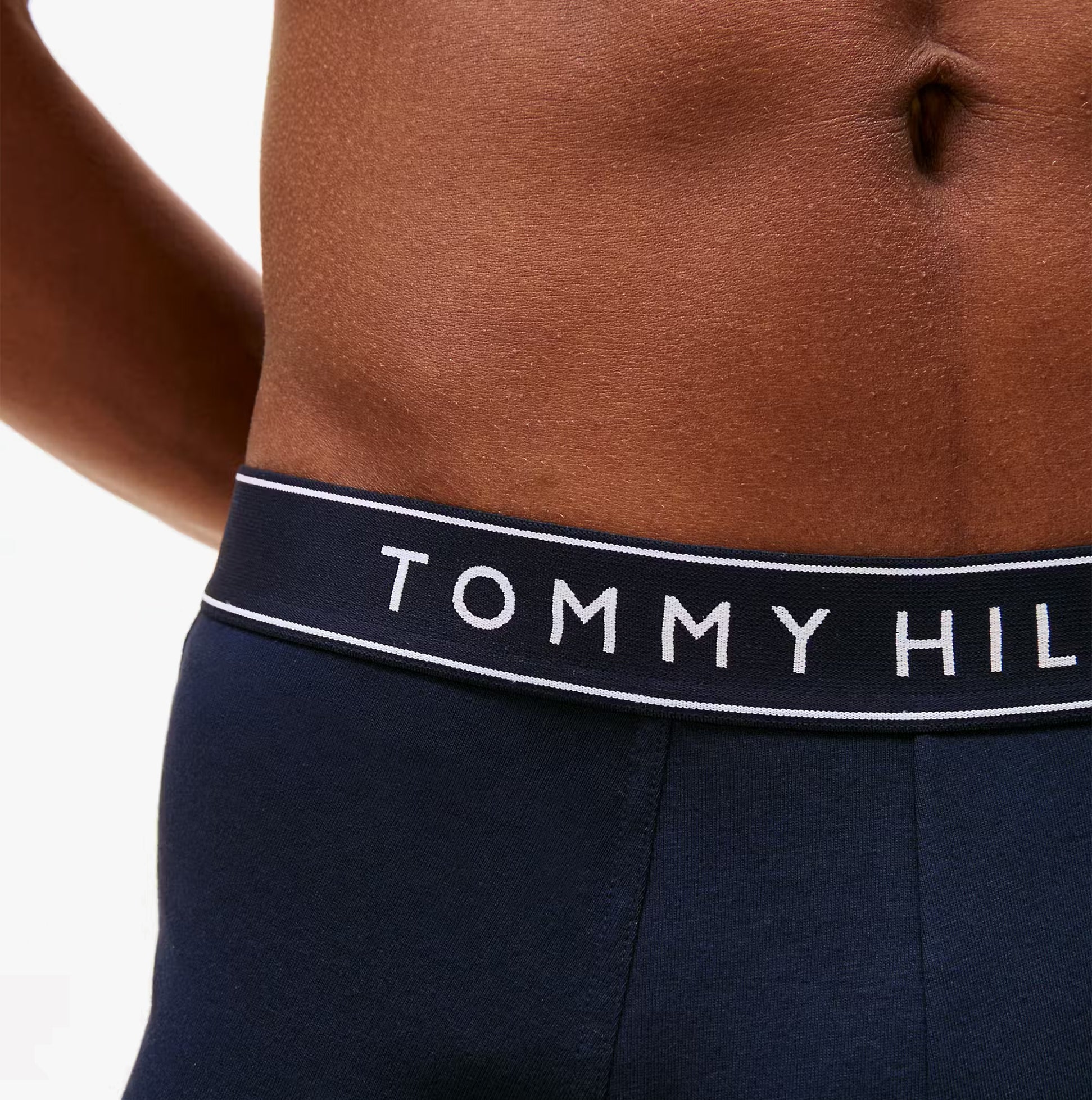 Tommy Hilfiger Mens 3 Pack Logo Waistband Trunks Multi detail view of waistband with logo on navy trunks