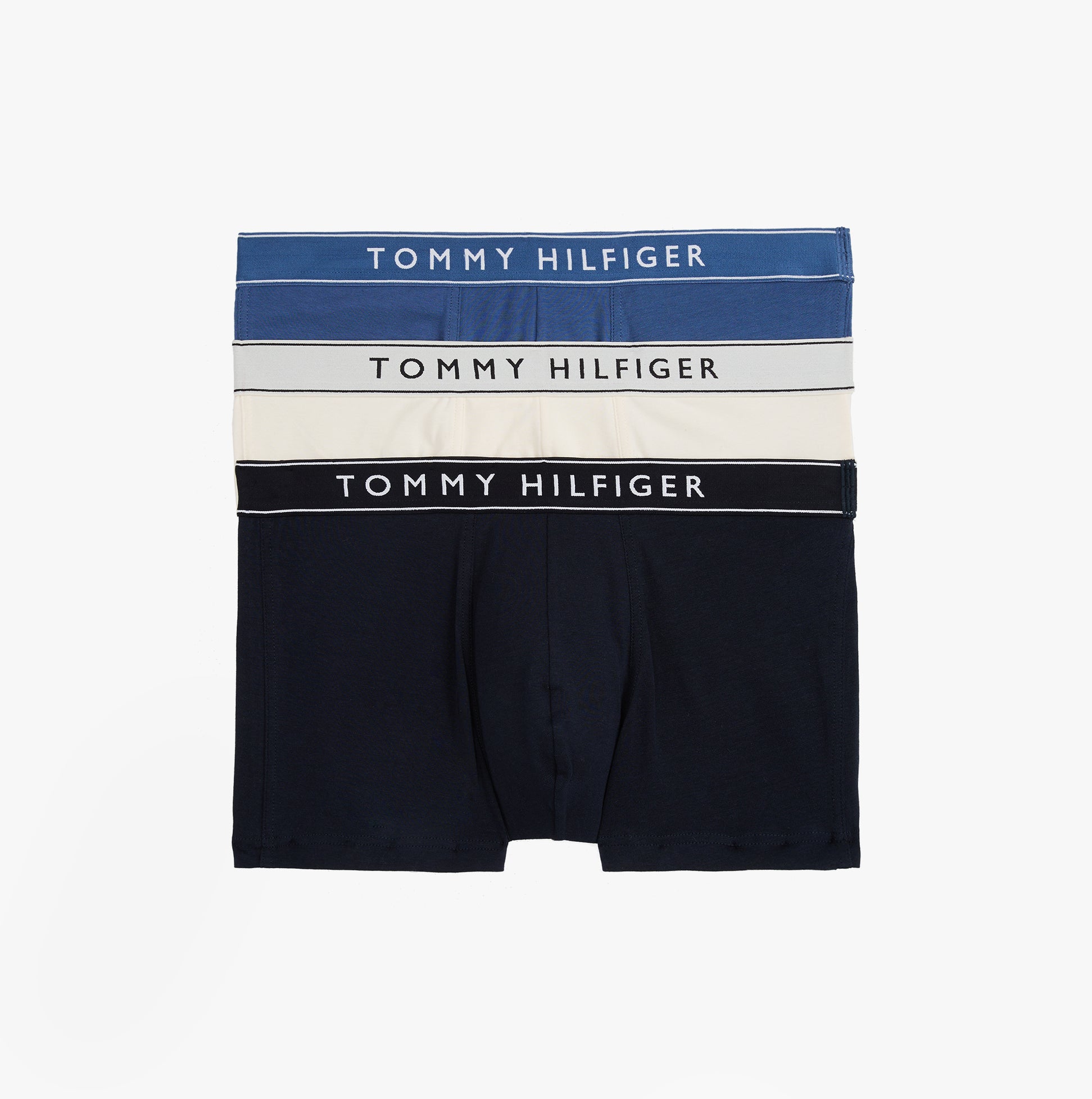 Tommy Hilfiger 3 Pack Mens Trunks Des Sky/Calico/Fssl Blue front view displaying navy, sky, and calico colors with logo waistband.