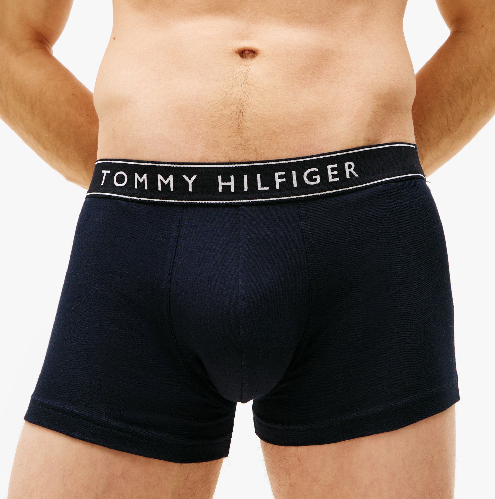 Tommy Hilfiger 3 Pack Mens Trunks Des Sky/Calico/Fssl Blue front view showing waistband logo and fabric details.
