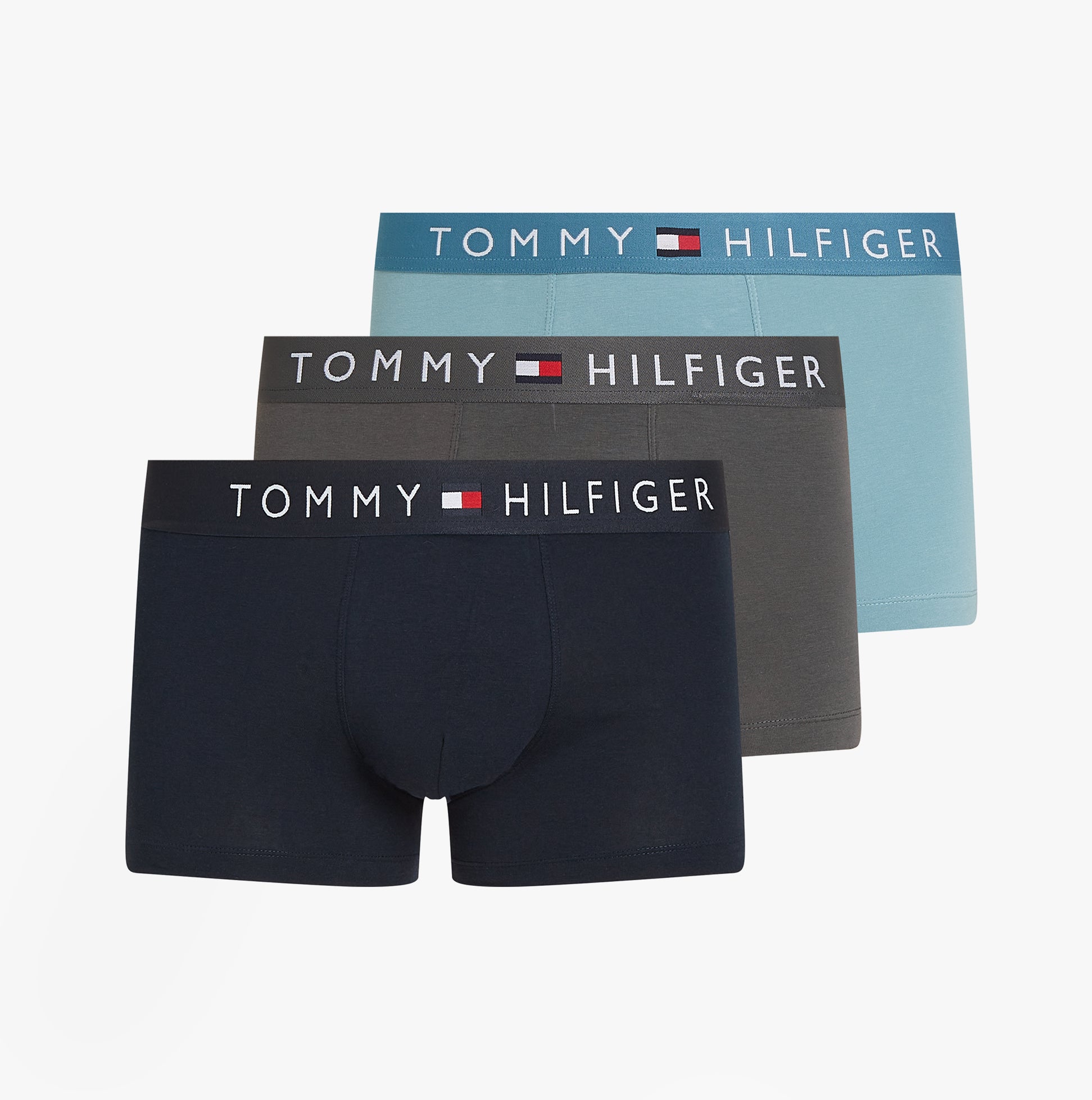 Tommy Hilfiger TH ORIGINAL Mens 3 Pack Trunks Multicoloured front view of navy, grey, and teal trunks with logo waistbands.