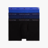 Tommy Hilfiger Mens 3 Pack Logo Waistband Cotton Trunks Multi front view showing three color options: blue, dark blue, and black.