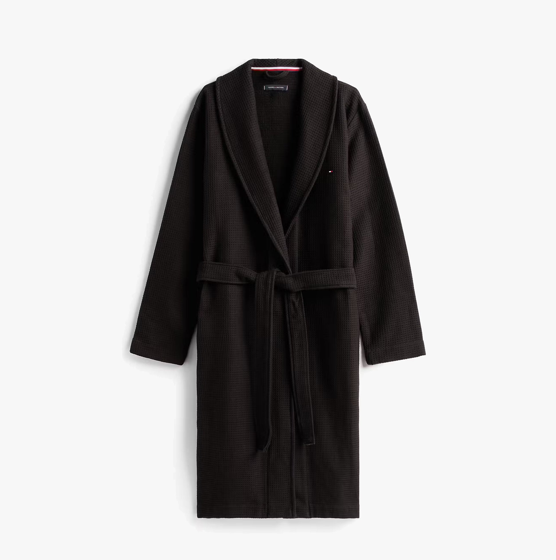 Tommy Hilfiger WAFFLE BATHROBE Mens Bathrobes Black front view showcasing relaxed fit and waffle texture.