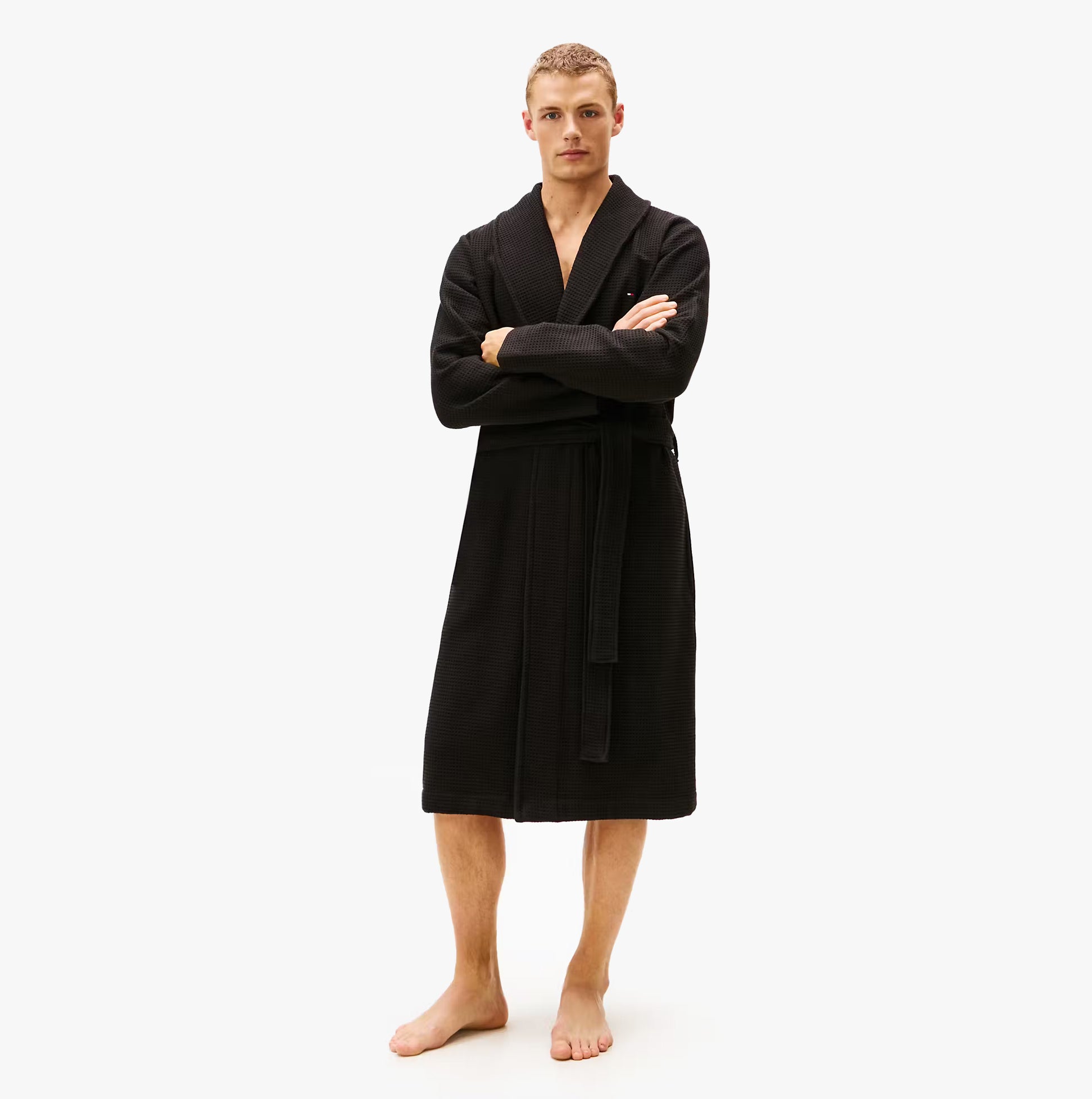 Tommy Hilfiger WAFFLE BATHROBE Mens Bathrobes Black front view model wearing robe with arms crossed