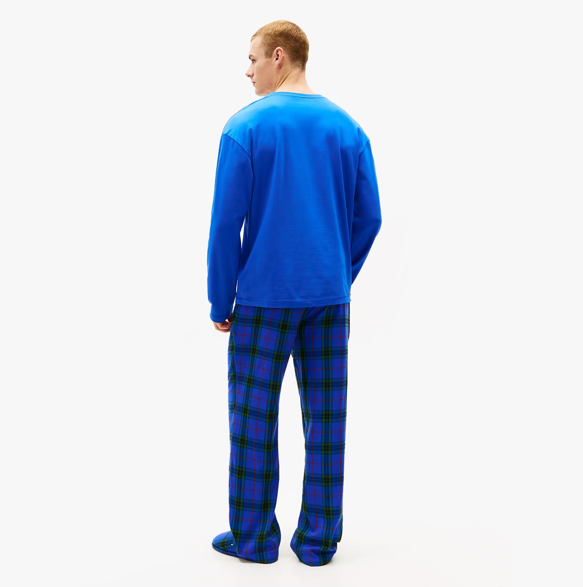 Tommy Hilfiger FLANNEL Pyjama Set With SLIPPERS Mens Blue Tartan back view showing blue top and tartan pants.