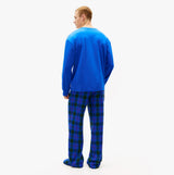 Tommy Hilfiger FLANNEL Pyjama Set With SLIPPERS Mens Blue Tartan back view showing blue top and tartan pants.