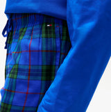 Tommy Hilfiger FLANNEL Pyjama Set With SLIPPERS Mens Blue Tartan close-up view highlighting the plaid design and blue top.