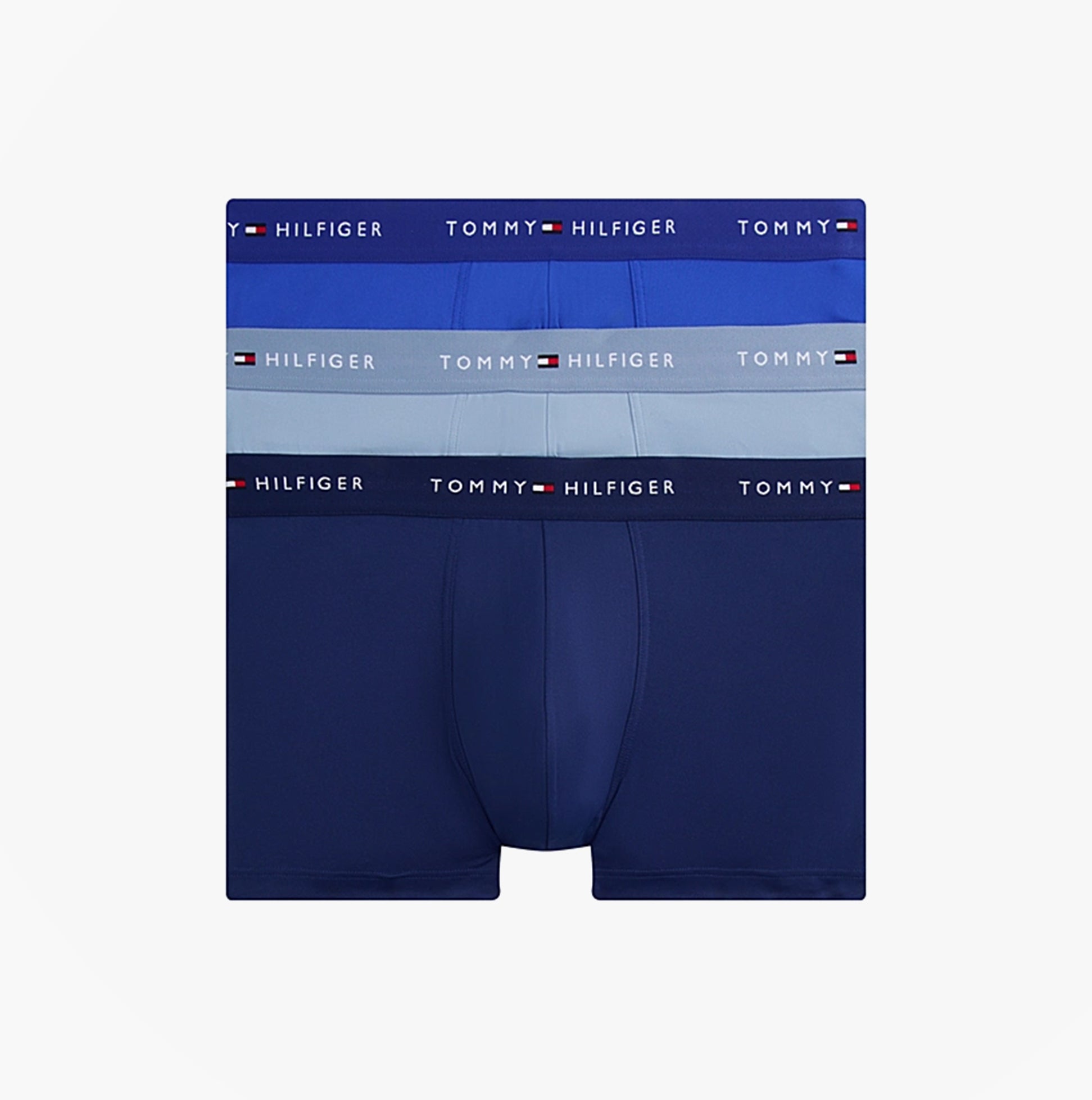 Tommy Hilfiger 3-Pack Signature Mens Microfibre Trunks Multicoloured, front view showcasing dark blue and light blue trunks.