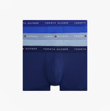 Tommy Hilfiger 3-Pack Signature Mens Microfibre Trunks Multicoloured, front view showcasing dark blue and light blue trunks.