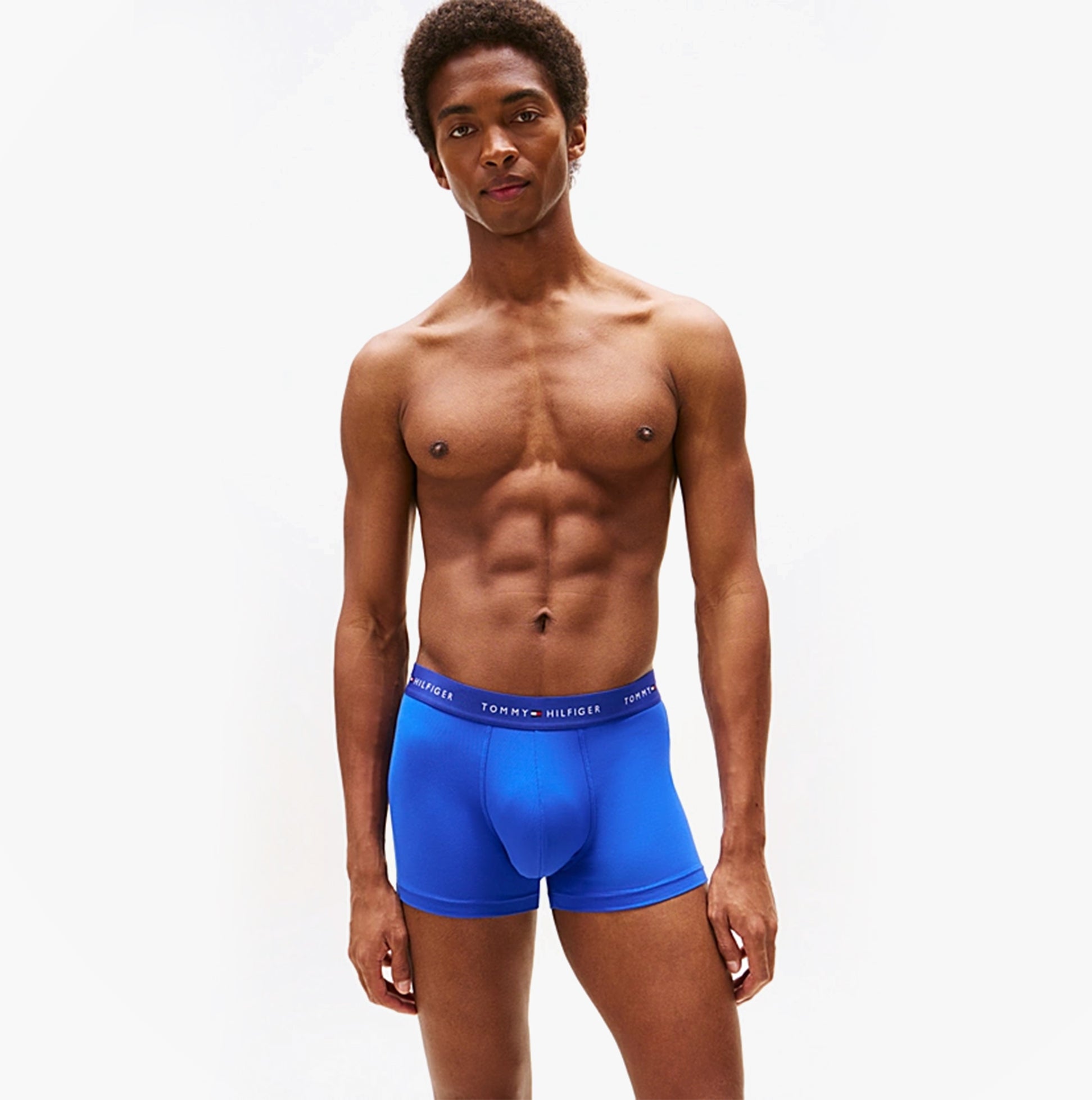 Tommy Hilfiger 3-Pack Signature Mens Microfibre Trunks Multicoloured front view displayed on model in blue