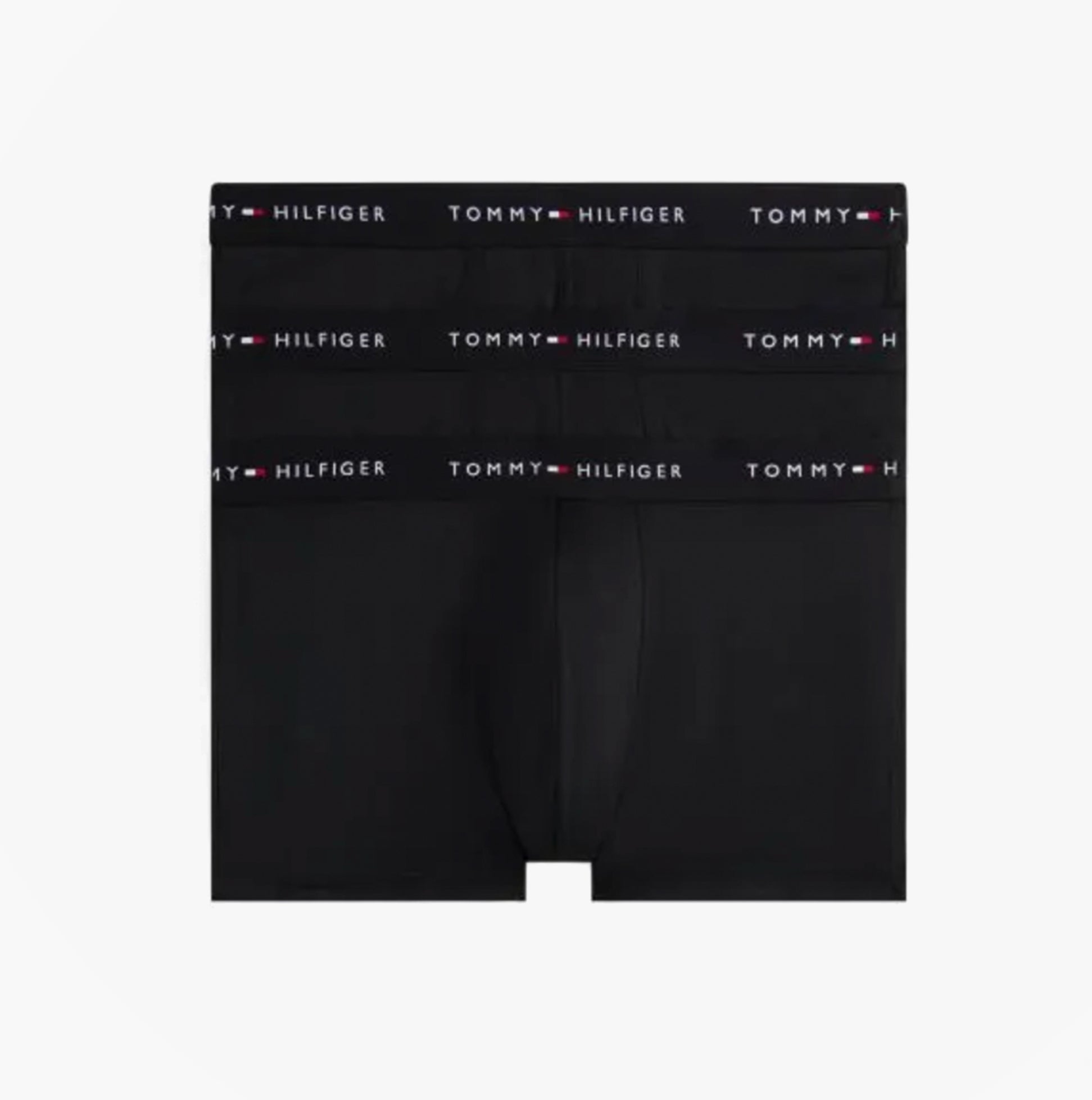Tommy Hilfiger Mens 3 Pack Signature Microfibre Trunks Black front view showcasing three trunks with signature waistband.